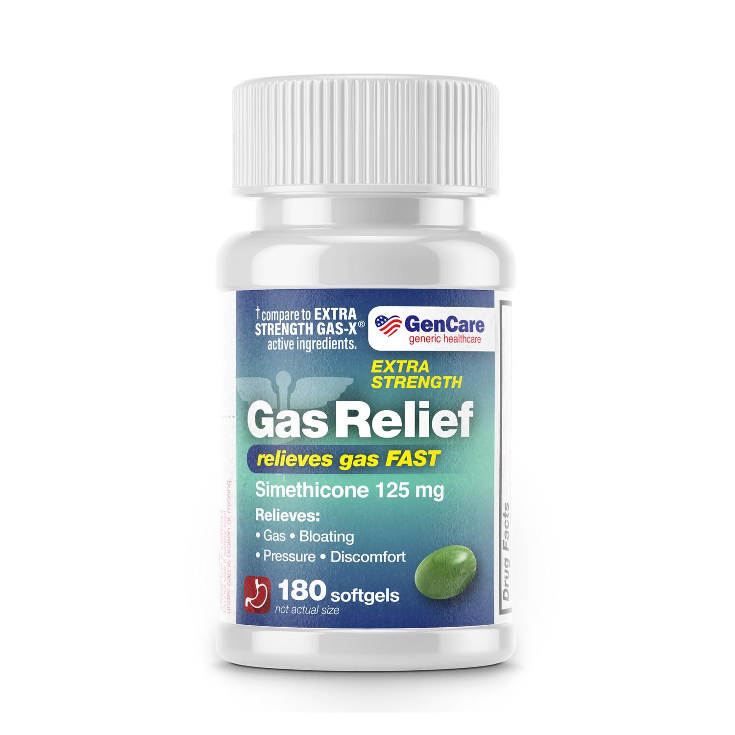 GenCare GenCare -Extra Strength Gas Relief Simethicone 125mg (180 Softgels) Maximum Strength Anti Gas Pills for Bloating Relief, Pressure & Discomfort - Compare to Generic Extra Strength Gas X