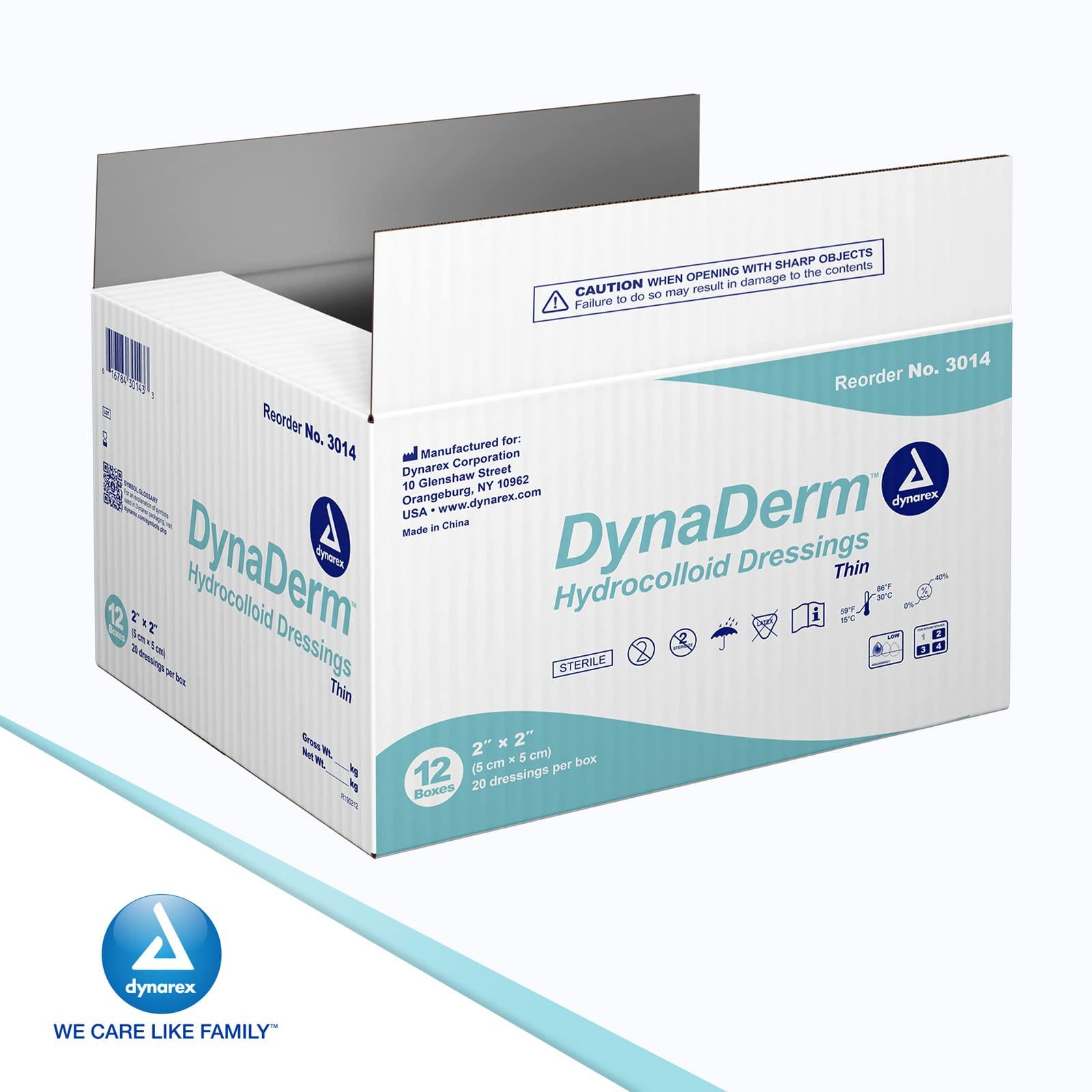 Dynarex Dynarex DynaDerm Hydrocolloid Dressings, Sterile Moist Bandages, 2" x 2," Thin & Latex-Free, Peel-Down Patches, 1 Case - 12 Boxes of 20 DynaDerm Hydrocolloid Dressings