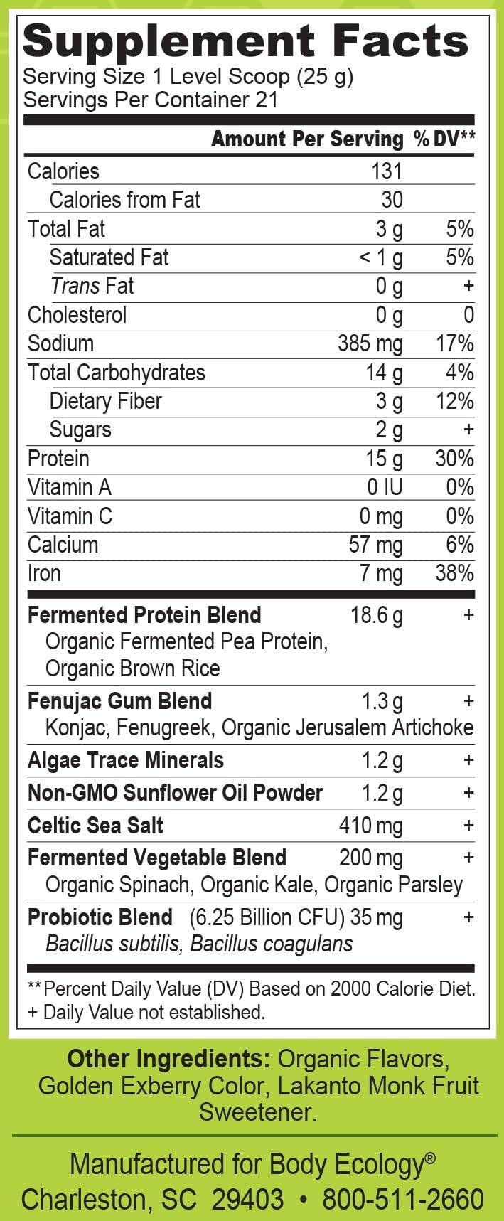 Body Ecology Body Ecology Probiotic Protein Shake Powder | Fermented Protein Dietary Supplement | Non-GMO | Gluten Free | Soy Free | No Sugar Added | 15g of Protein | Protein Powder | Resealable 18.52 OZ