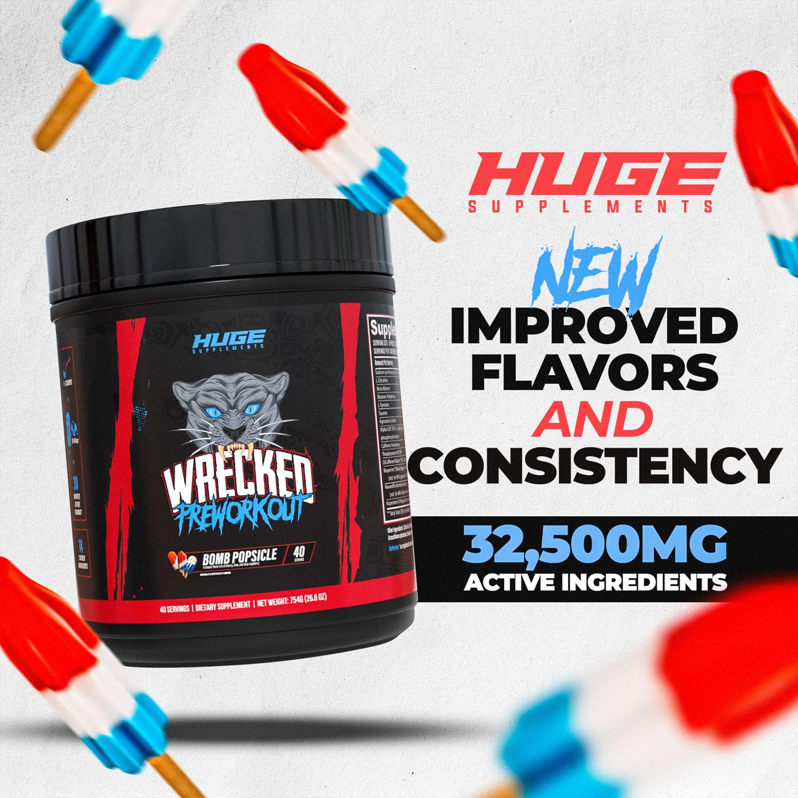 Huge Supplements Wrecked Pre Workout Powder, Advanced Formula, Boosts Energy, Focus, Pumps & Performance, 10g L-Citrulline, 6.4g Beta Alanine, 5g Tyrosine, 1g Alpha GPC, 375mg Fast-Acting Caffeine & More (40 Servings)