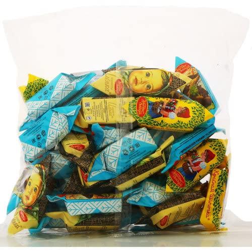 Krasnyi Oktyabr Chocolate Candies Mix Mishka Kosolapy (Toed Clumsy Bear), Little Red Riding Hood (Krasnaya Shapochka), Alionka (Alenka, Alyonka) 500g/17.63oz Nutty Paste with Wafers and Chocolate Glaze in Individual Wraps Gourmet Imported Russian Candy Sweets Bars U