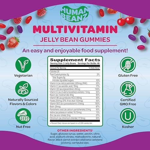 Human Beanz Human Beanz Multivitamin Jelly Bean Gummies with Zinc for Men and Women, Immune Support Dietary Supplements for Adults, Vegetarian, 120 Berry Blast Jelly Beans, Kosher