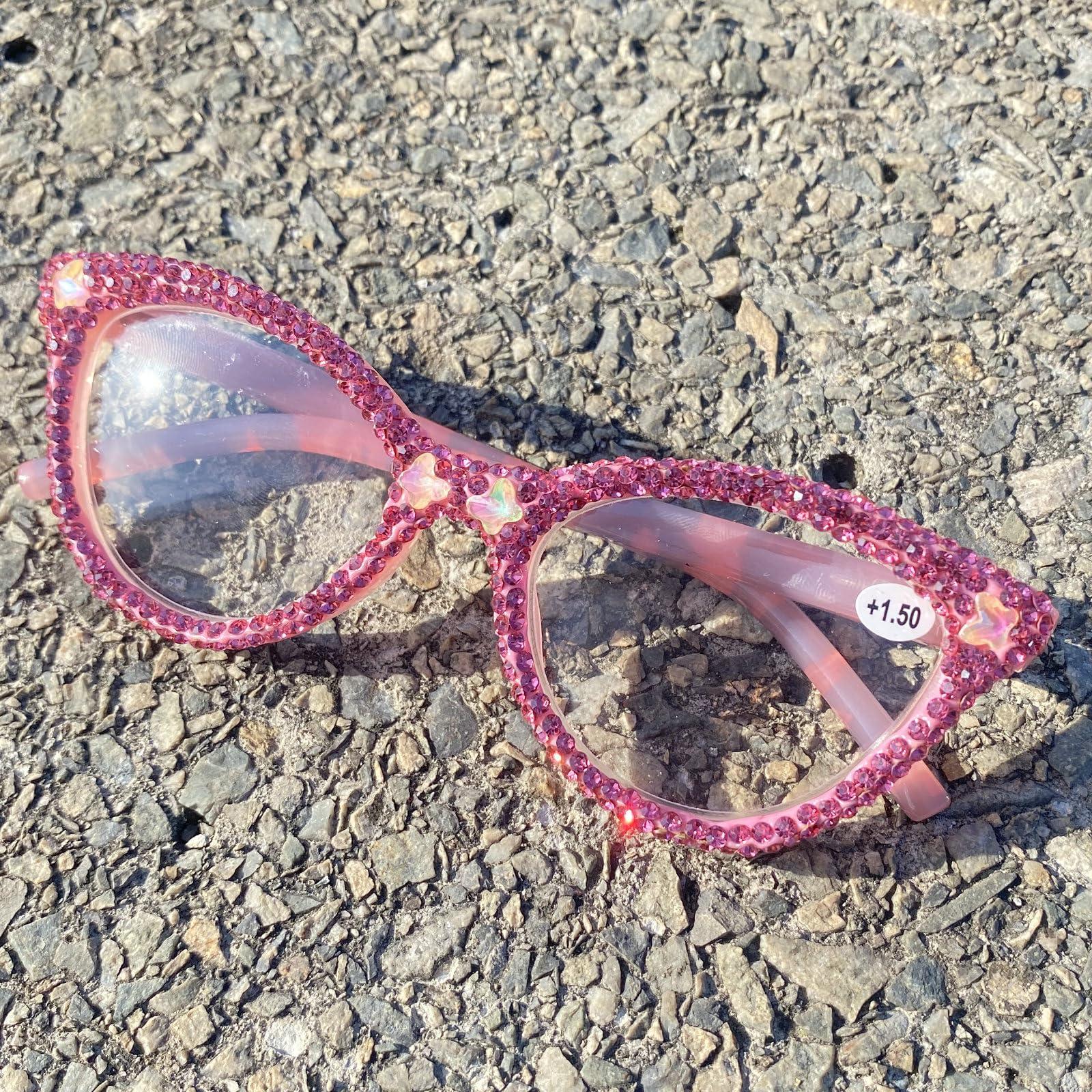 mincl Fashion bling Rhinestone Cat Eye Reading Glasses for Women Retro Jeweled Frame rave Party Diamond Reading Glasses (pink, 1, x)