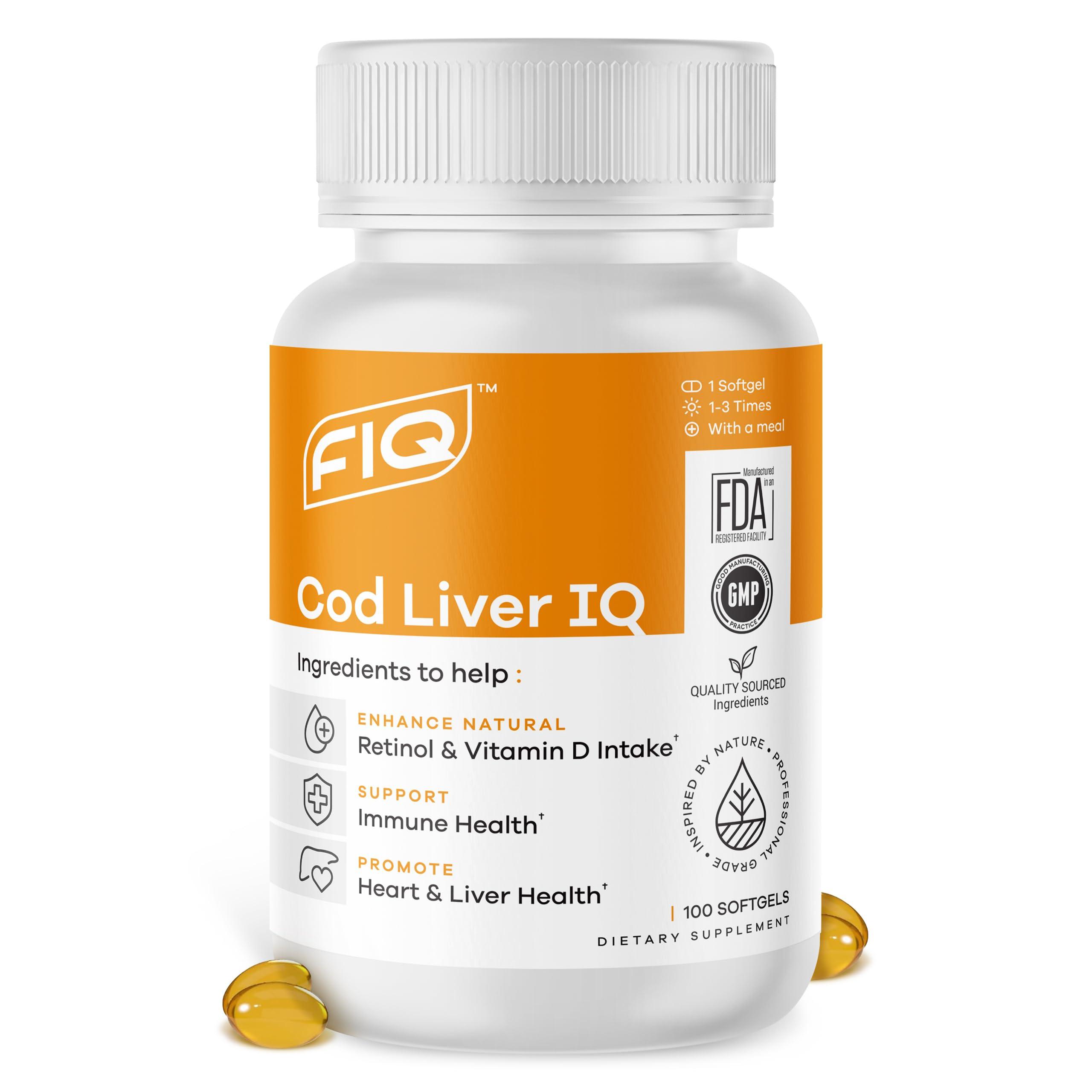 FIQ FIQ - Cod Liver IQ - Cod Liver Oil Softgels - Natural Source of Vitamins A & D and Omega-3 Fatty Acids - Heart, Liver & Immune Health - 100 Softgels