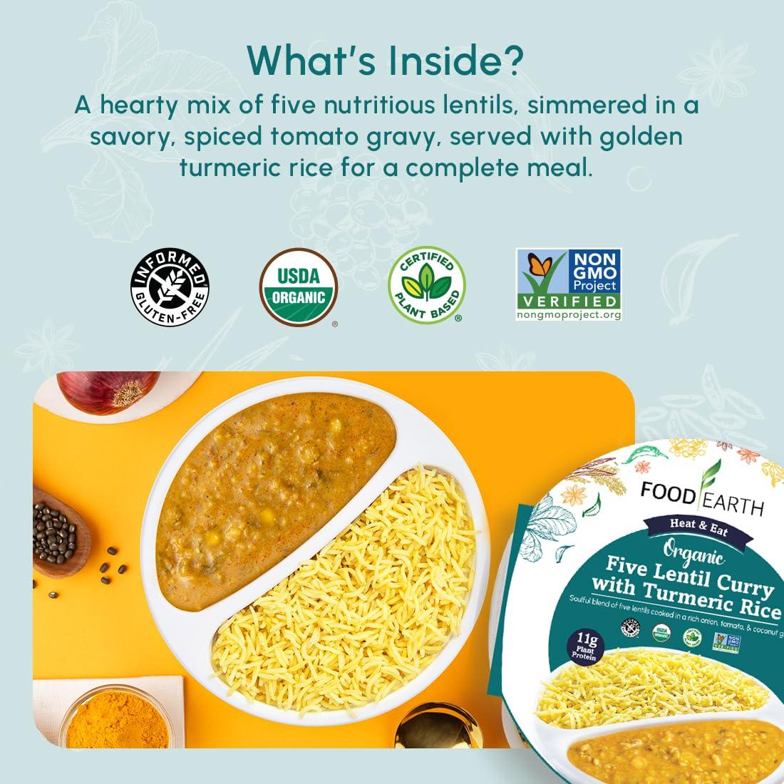 Food Earth Food Earth Ready to Eat Indian Cuisine - Five Lentil Curry with Turmeric Rice - Microwavable, Pre-packaged & Lunchable- Organic, Vegan, Gluten-Free, GMO-Free, Plant-Based - 10.58 oz each - Pack of 6