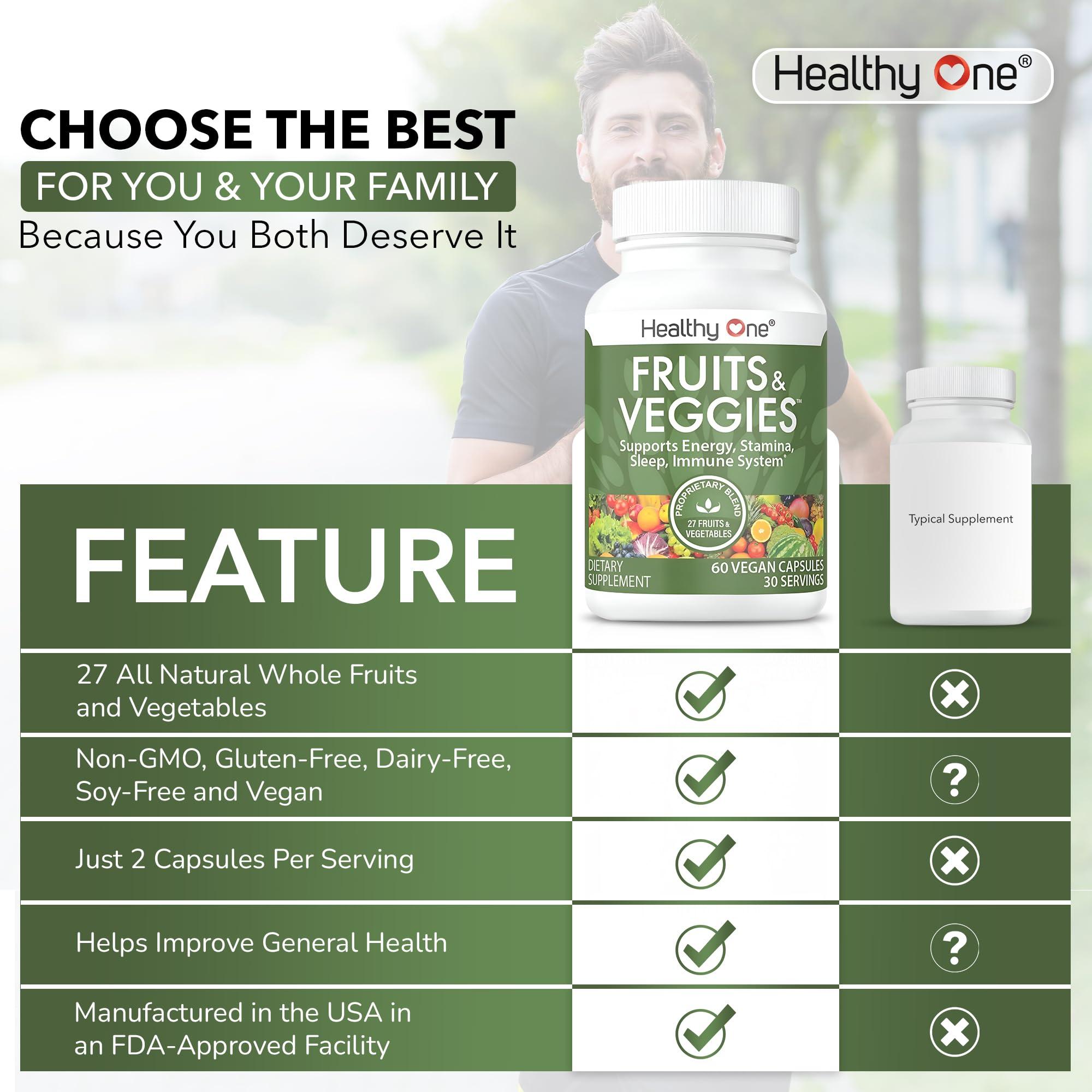 Healthy One Healthy One Fruits & Veggies - 27 Balanced Whole Foods of Nature - Vitamins - Minerals - Antioxidants - Detox - Vegetables - Kale - Broccoli - Spinach - Beets - Raspberries - Multivitamin - 120 Count