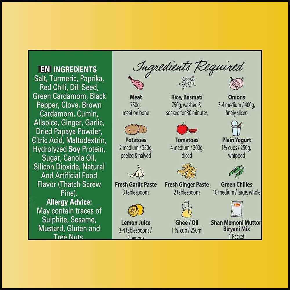 Shan Shan Memoni Mutton Biryani Recipe and Seasoning Mix 2.11 oz (60g) - Spice Powder for Gujrati Style Pilaf - Suitable for Vegetarians - Airtight Bag in a Box