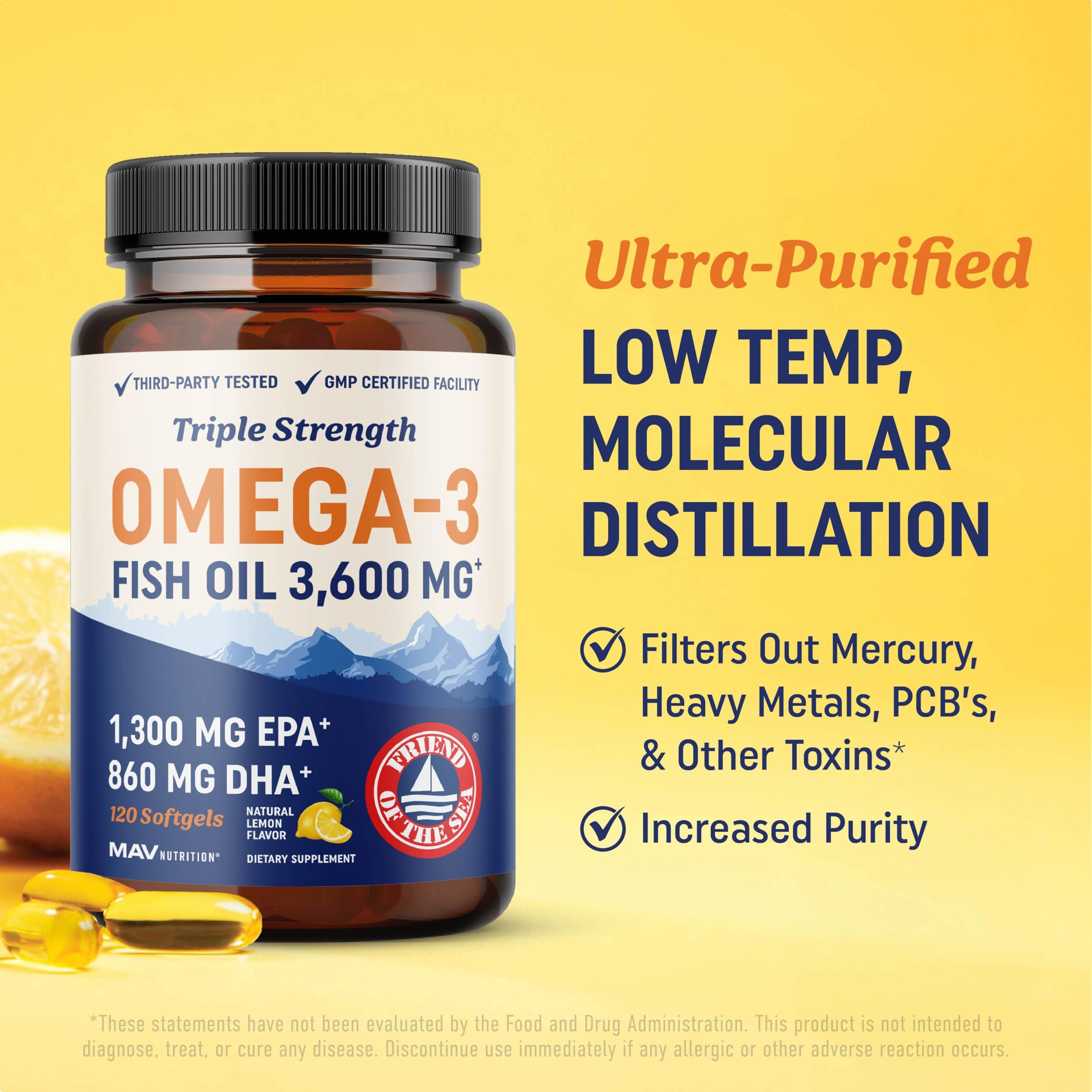 MAV NUTRITION Triple Strength Omega 3 Fish Oil | 3600 mg EPA & DHA | Over 2100mg of Omega 3 Fatty Acids | 1300mg EPA + 860mg DHA | Best Essential Fatty Acids | Premium Burpless Softgel Supplements (120 Ct)