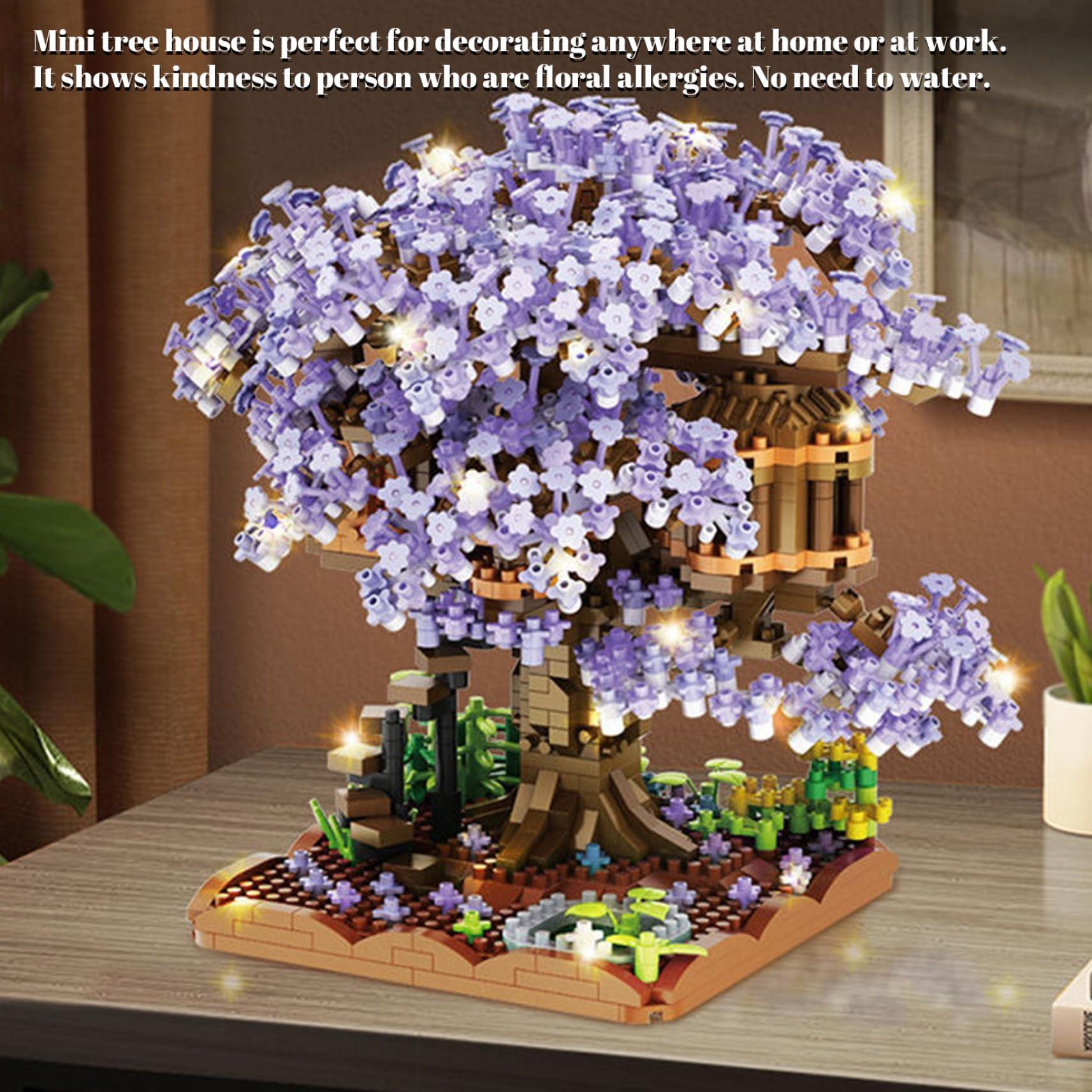 CurcKua Cherry Blossom Tree House Plastic Cherry Bonsai Tree Assembled Cute Sakura Tree DIY Mini Building Blocks Sets Cherry Blossom Tree Sakura Bonsai Tree for Adults, 14+ Teens (Without Light) Purple