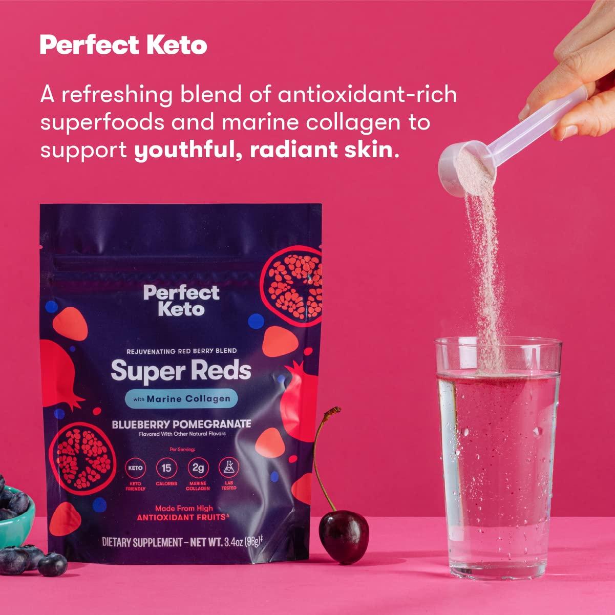 Perfect Keto Perfect Keto Super Reds Superfood Powder, Antioxidants Supplement with Fruit & Vegetable Powder, Polyphenols & Marine Collagen, Drink Mix for Skin & Energy Support, Blueberry Pomegranate, 20 Servings