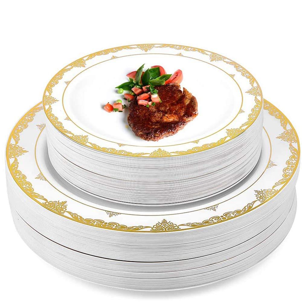 IUMÉ Plastic Plates, 100 Piece Gold Heavy Duty Plastic Dinner Plates, 10.25inch Disposable Plastic Dinnerware Plates and 7.5inch Dinner Dessert Plates Tableware Sets Disposable Plates for Wedding,Party