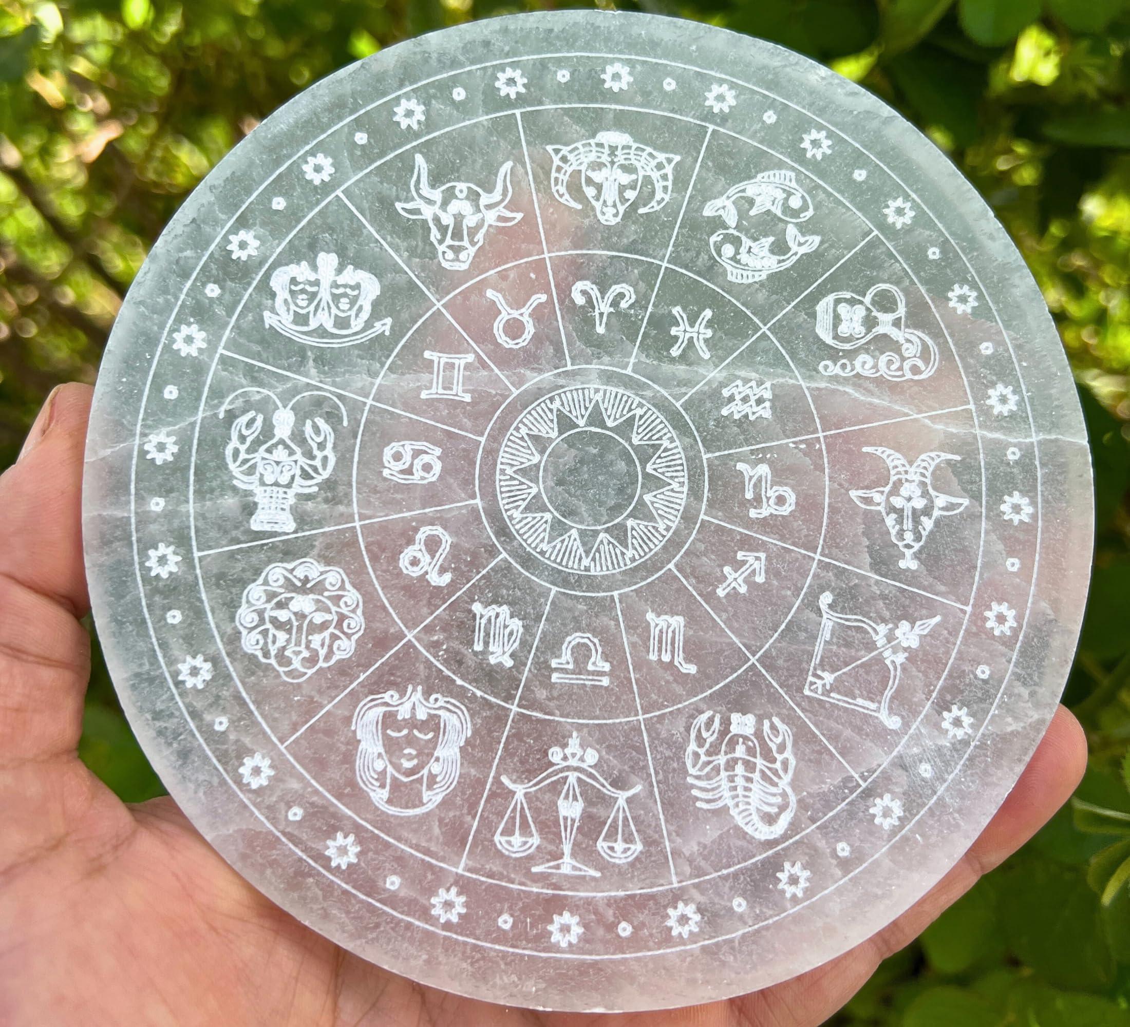 Xen Minerals Xen Minerals Selenite Disk with Zodiac Engraving Crystal Jewelry Charging Plate Tray Coaster Stone, scrying Plates Board for Stones, Crystals Hecate Altar grids and Healing Wicca Slab Wiccan Plate