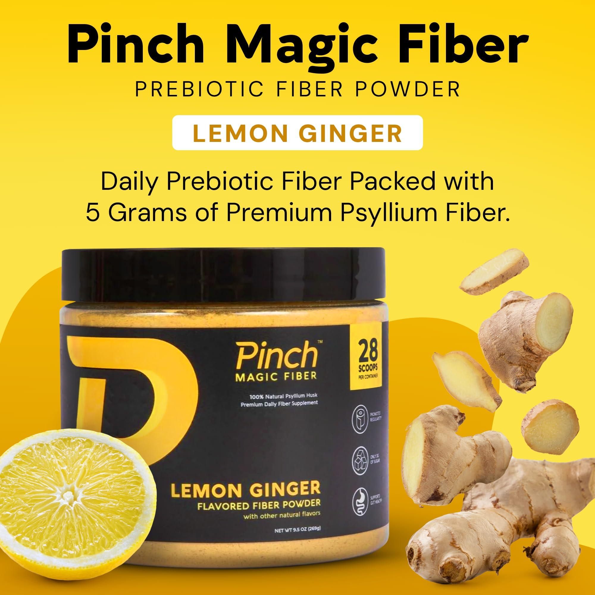Pinch Pinch Magic Fiber Supplement Powder | Lemon Ginger Flavored Psyllium Husk Powder for Digestive Health & Gut Support | Low Sugar Supplement for Keto & Vegan Diets | USA-Made | 28-Day Supply