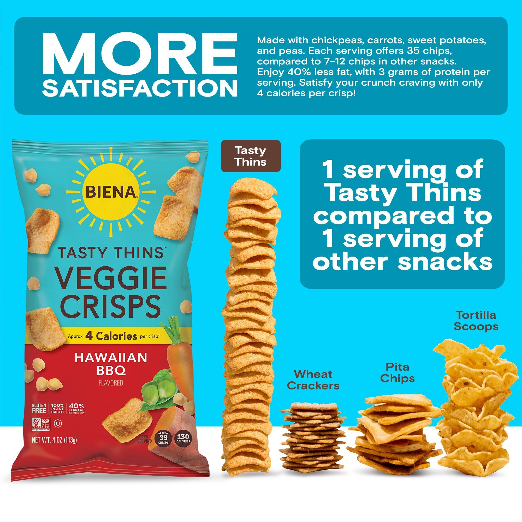 BIENA BIENA Tasty Thins Veggie Crisps - Low Calorie Veggie Chips for Adults and Kids - Individual Pack, 4 Ounce Bags - Hawaiian BBQ