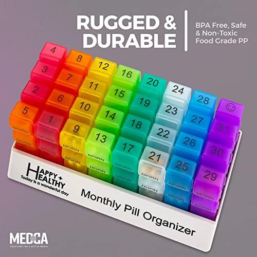 MEDca Month Pill Box Organizer - 3-Times-A-Day | Morning-Noon-Night - 30 Day Pill Case with 32 Daily Compartments for Vitamins, Supplements, Medication - Travel Monthly Pill Organizer 3 Times A Day