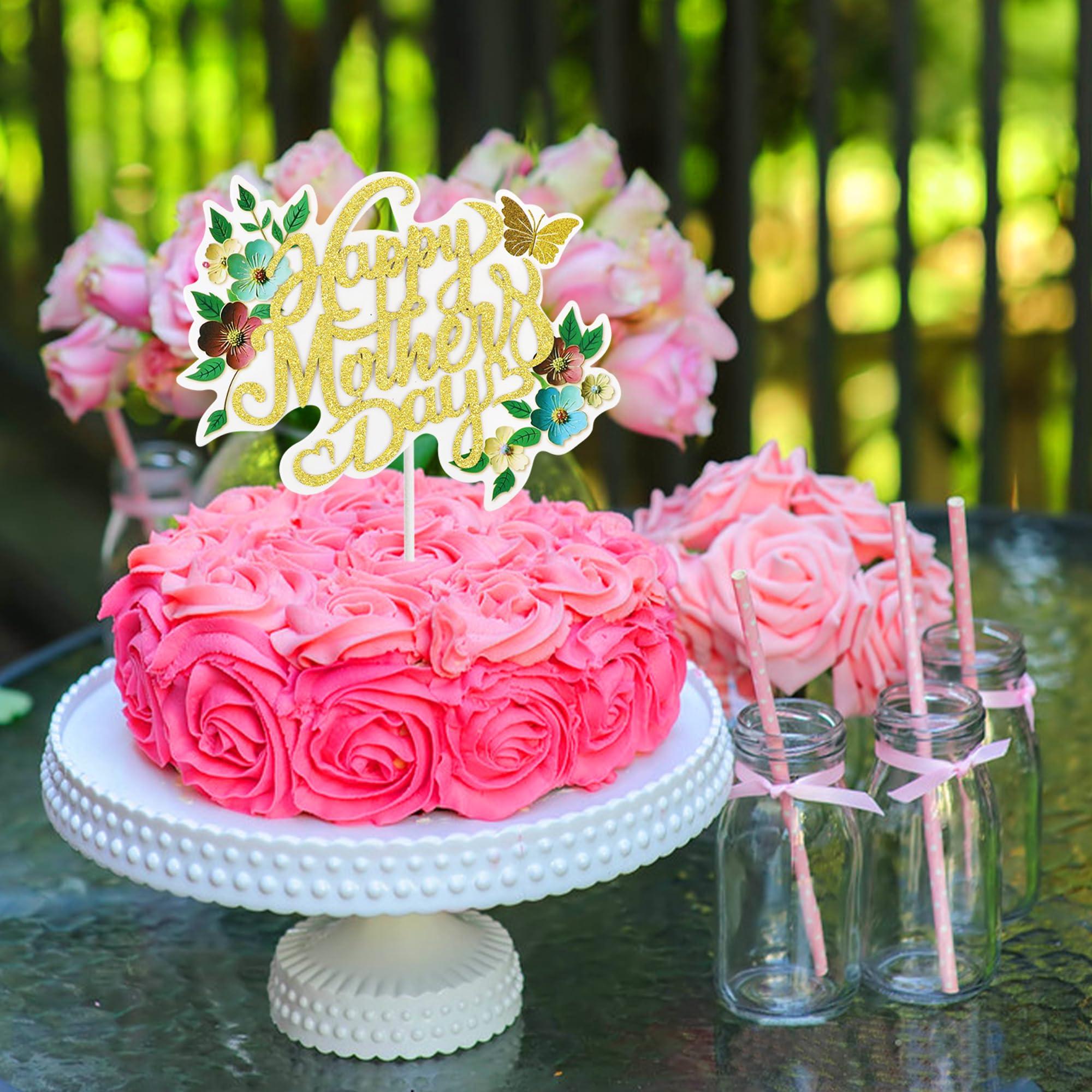 Giga Gud Happy Mother\'s Day Cake Topper Mom Letter Cake topper Gold Glitter Cake topper Decorative Party Cake Decoration for Mother\'s Day(Rose Gold-Gold-mom) (red gold)