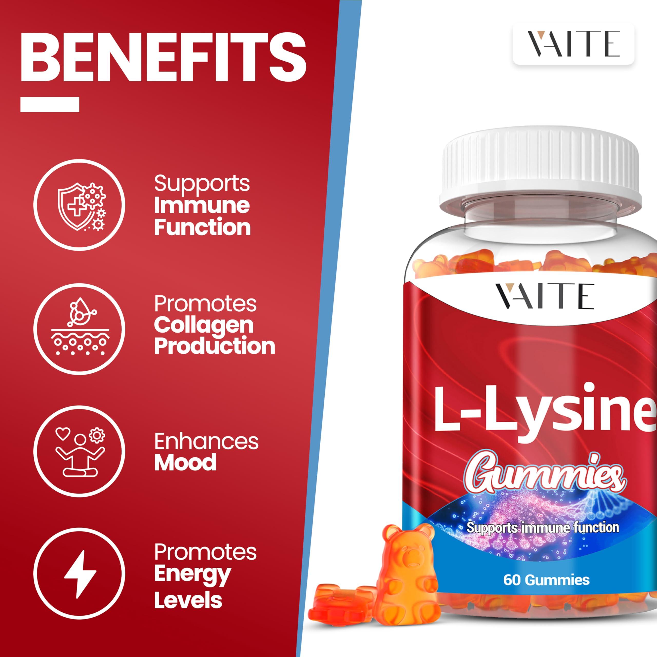 VAITE L-Lysine 1000mg Gummies - Supports Skin, Lip, Vegan, Gluten Free, Vitamins for Adults Tissue Health & Immune System, Chewables, Amino Acid Vitamin Supplement & Complex Supplements, Non-GMO