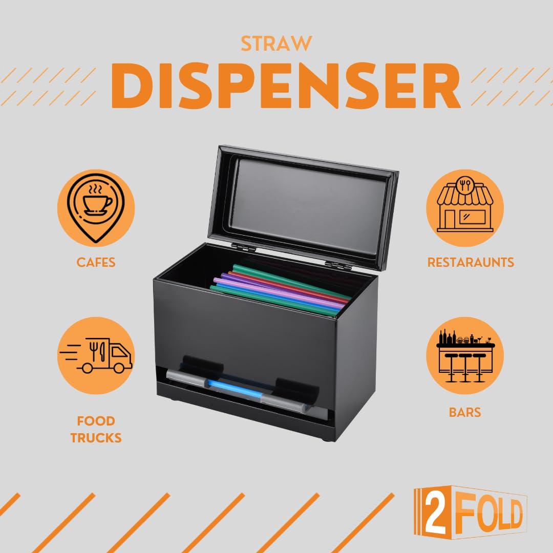 2Fold 2Fold Stainless Steel Straw Dispenser - Drinking Straw Holder For Bulk Unwrapped Paper and Disposable Plastic Straws - Includes Custom Label Stickers (Black)