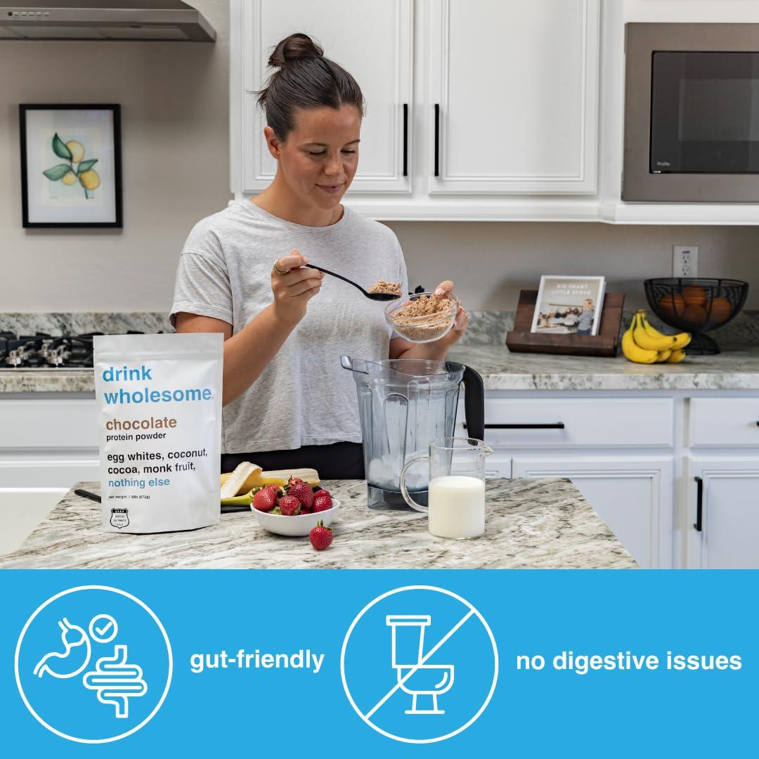 drink wholesome drink wholesome Chocolate Egg White Protein Powder | for Sensitive Stomachs | Gut Friendly | Dairy & Lactose Free | No Artificial Sweeteners | Carnivore & Paleo | Safe for Kids & Seniors