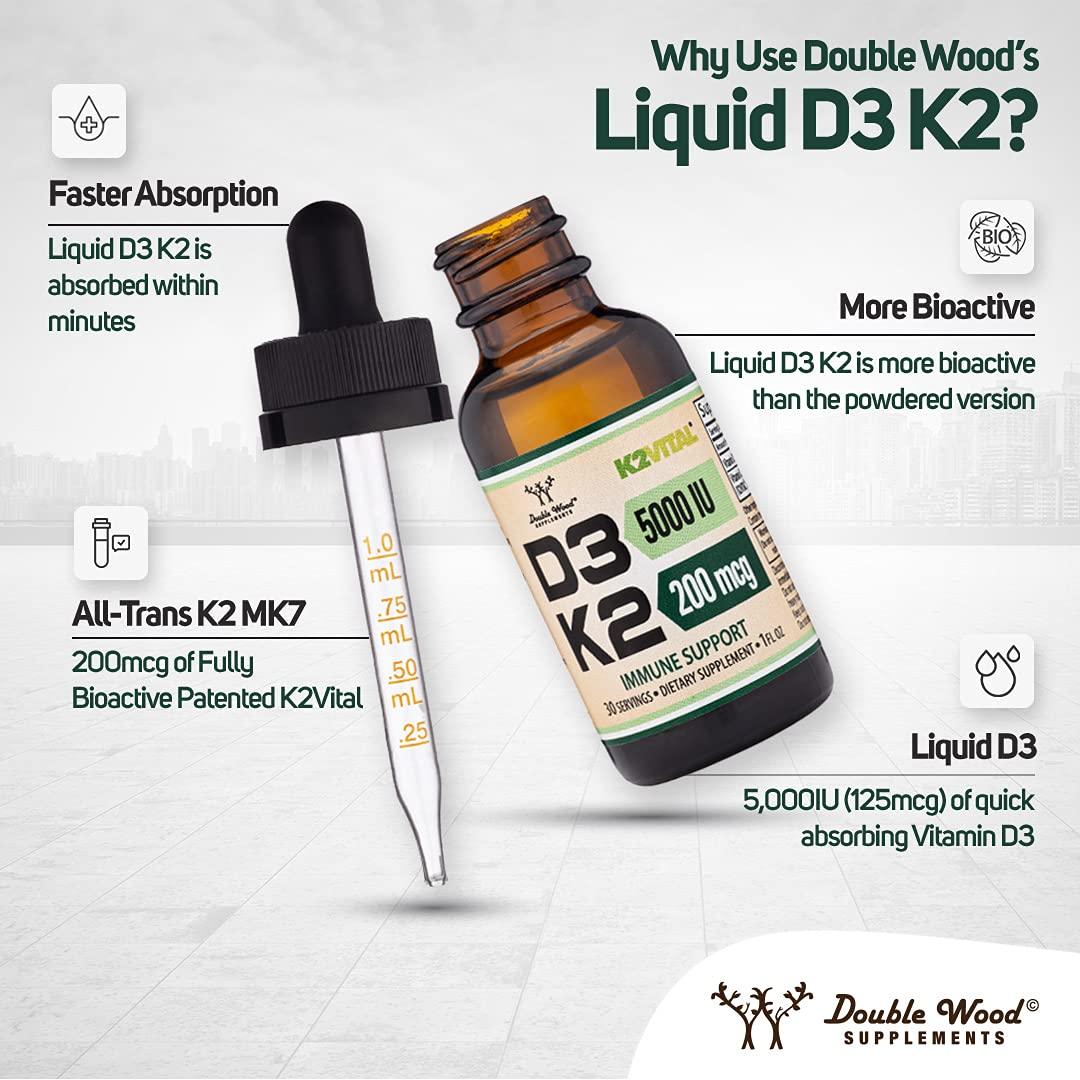 Double Wood Supplements Vitamin D3 K2 5,000 IU Liquid Drops (5,000 IU of D3 and 200mcg of 99.9% All-Trans Patented K2 MK-7 (K2Vital)) Max Absorption Liquid Vitamin D Drops (30 Servings) by Double Wood