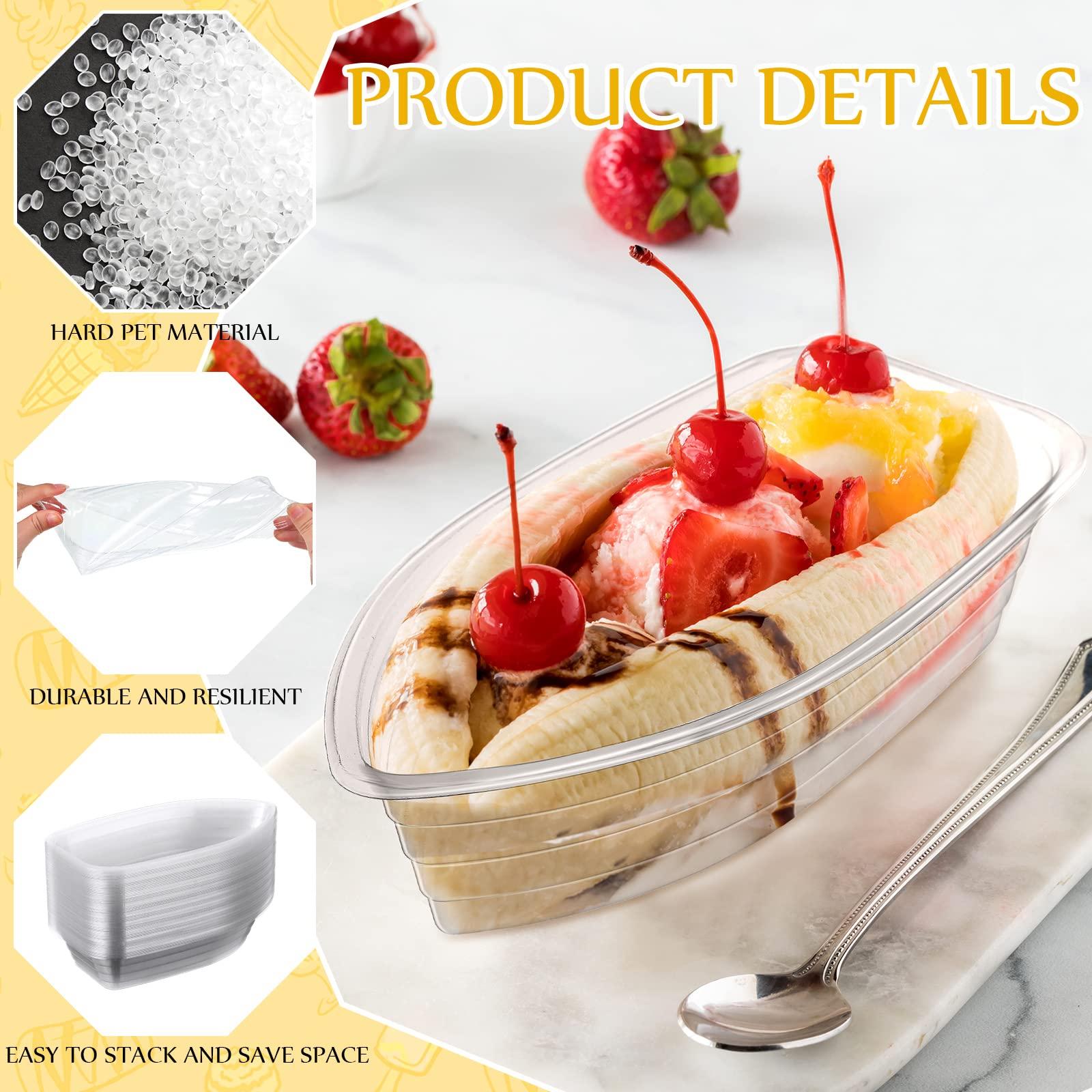 Rtteri Rtteri 100 Pcs Banana Split Boat Plate 12oz Disposable Ice Cream Sundae Bowls Banana Split Bowls Clear PET Plastic Splits Bowl Tray for Kid Party Dish Dessert Birthday Carnivals Gelato Home