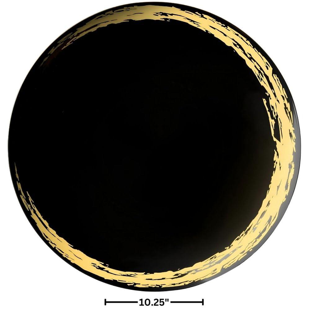 Decorline Black & Gold Round Dinner Plastic Plates Set - 10.25\" (10 Piece) | Premium & Luxurious Design - Ideal for Weddings, Parties & Events