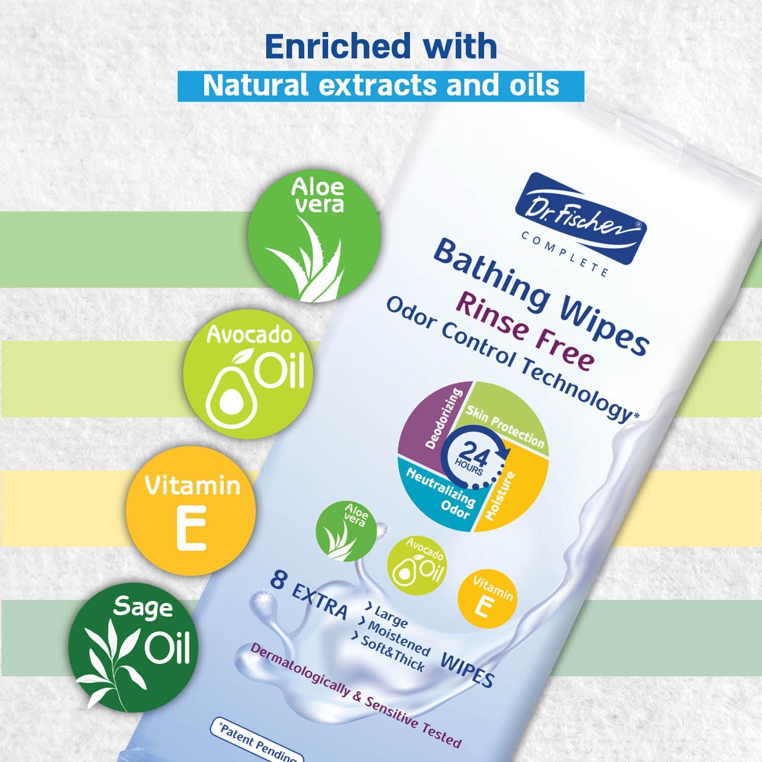 Dr. Fischer Dr. Fischer Rinse Free Bathing Wipes - Large Hygienic Cleansing Body Wipes for Adults - Disposable Shower Wipes. Bath Wipes for Adults. Convenient Travel Body Wipes.