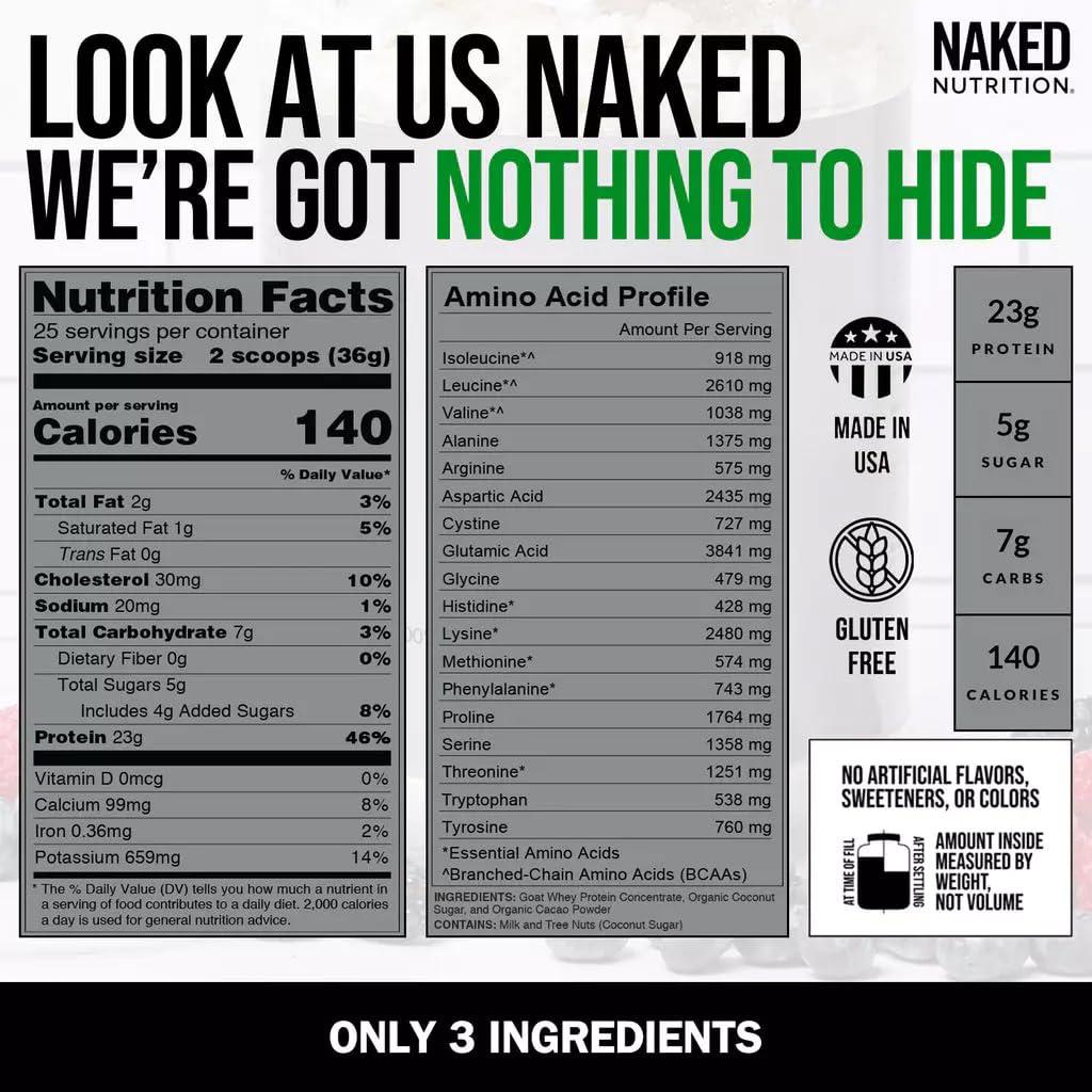 NAKED NAKED Goat Chocolate Protein Powder - Pasture Fed Goat Whey Protein Powder from Small-Herd Dairies - Only 3 Ingredients - GMO Free, Soy Free - All Natural - 23 Grams of Protein - 25 Servings