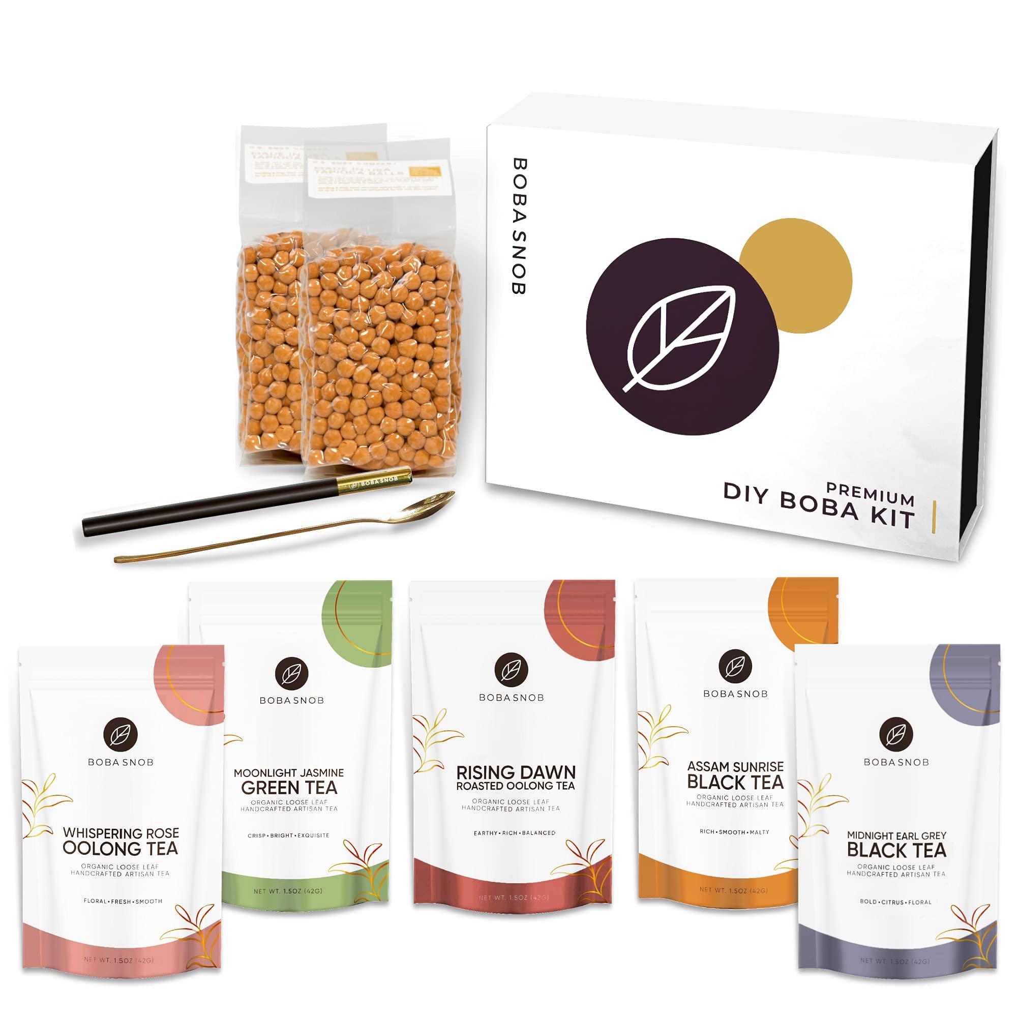 Boba Snob Premium DIY Boba Tea Kit - 5 Organic Teas - 32 oz Boba - 2 Stainless Steel Straws - Teaspoon - Brown Sugar Non-Dairy Creamer To Make The Perfect Bubble Tea Drink At Home!