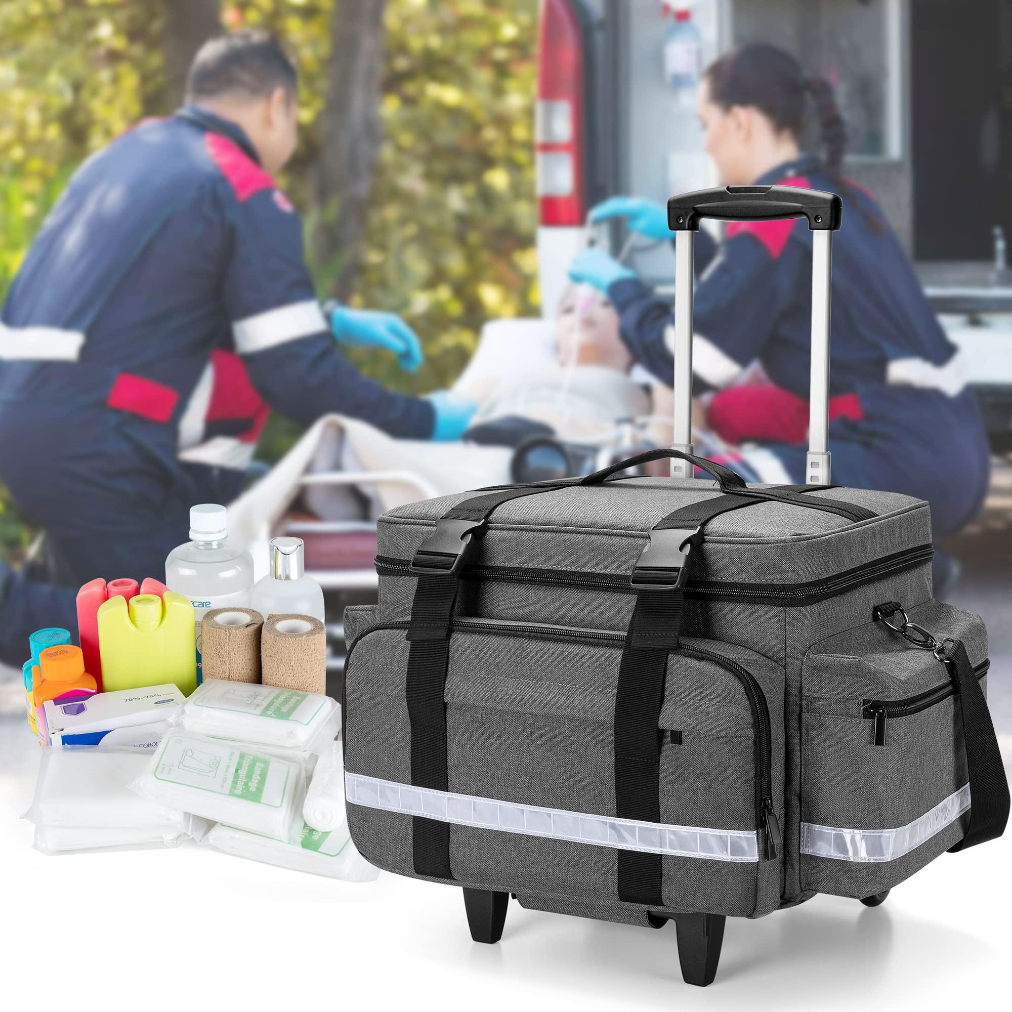 Damero Damero Rolling Medical Bag with Detachable Trolley, Medical Equipment Bag with Removable Pouches and Dividers, First Aid Responder Bag Empty for Home Health Nurses, Doctors, EMT, EMS, Gray