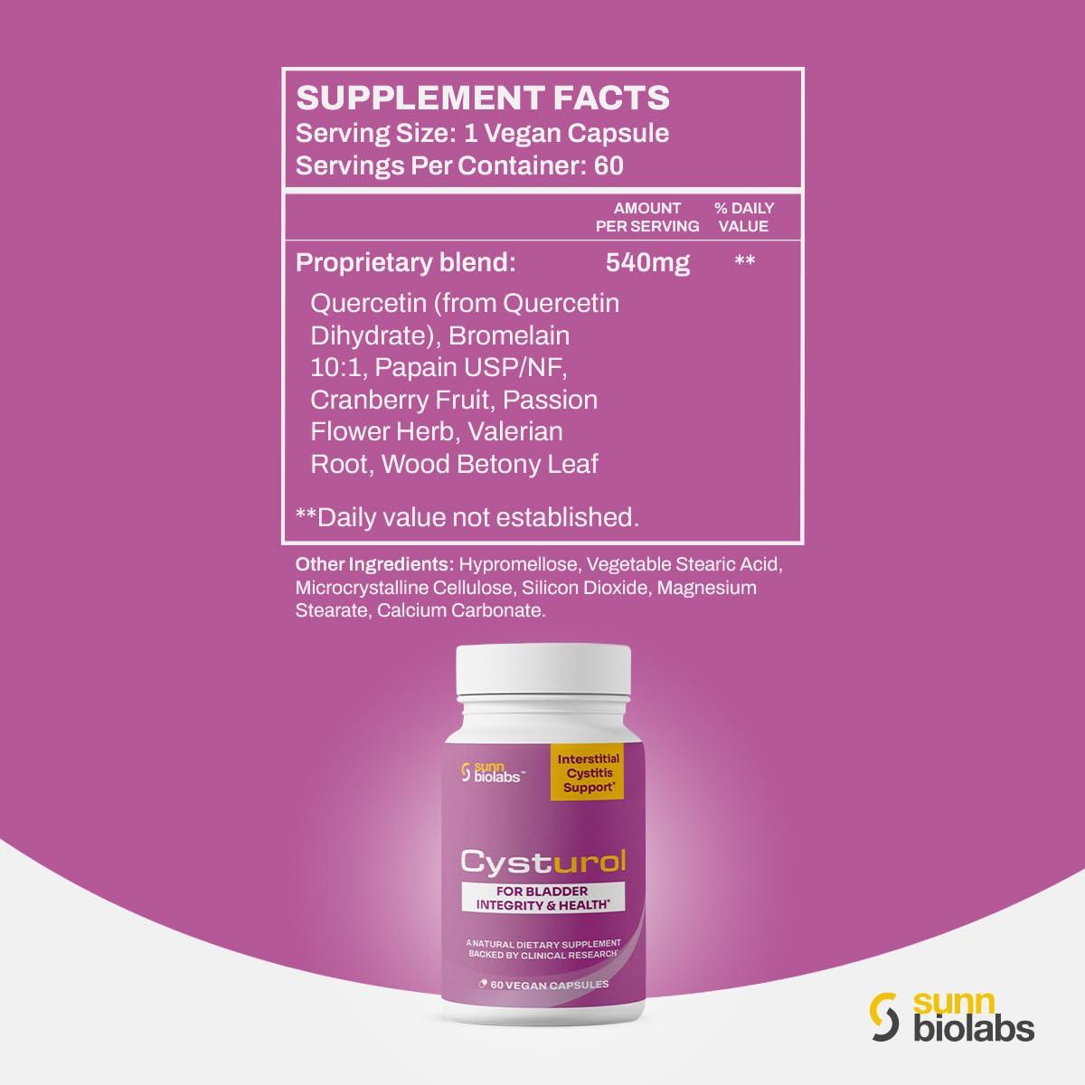 SUNN BIOLABS CYSTUROL | Bladder Formula SUPPORT FOR INTERSTITIAL CYSTITIS (IC) and Painful Bladder Syndrome | Clinically Researched | Less Flares & Urgency | Potent | Premium Bladder Support for Women