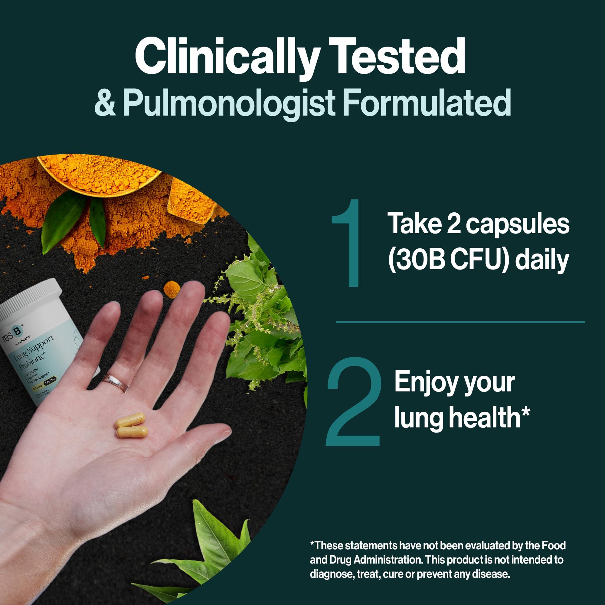 ResBiotic resbiotic resB Lung Support Probiotic Supplement - Lung Health Supplement for Smokers, Gut Health, Immune & Digestive Support, Respiratory Care, Holy Basil & Turmeric, Clinically Trialed - 60 Capsules