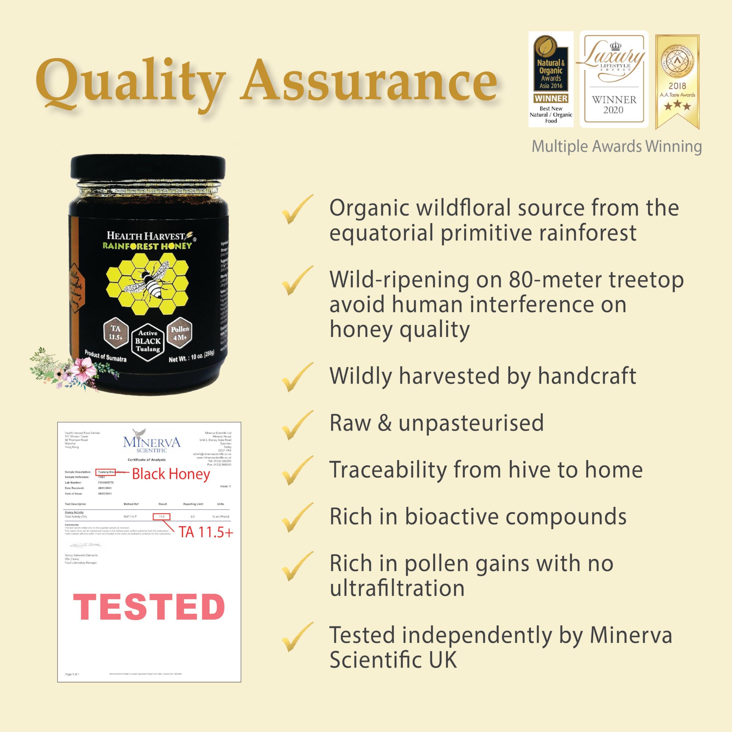 Health Harvest Tualang Black Honey 10oz (TA 11.5+, Pollen Count 4.0M+, Pollen Variety 100+) Intense Choice for Women Preservation, Wild-ripening on 250ft Treetop, Raw, Unpasteurised, Unfiltered