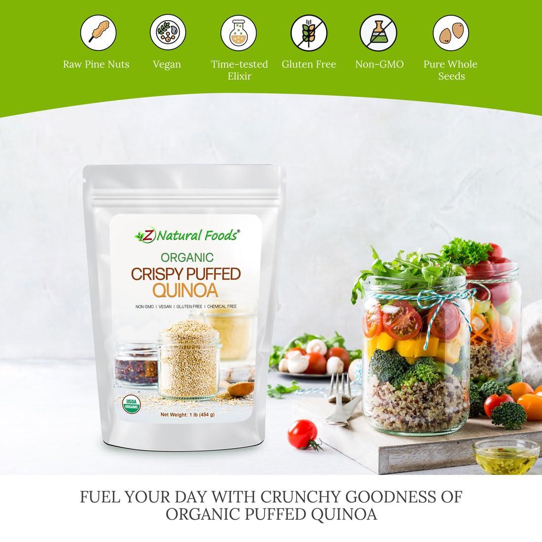 Z Natural Foods Z Natural Foods Organic Crispy Puffed Quinoa - Real Crisped Quinoa Vegan Superfood - Healthy Quinoa Crisps Snacks for Adults & Kids - Crispy Quinoa Puffs for Baking, Snacks, Yogurts, Gluten-Free, 1 lb