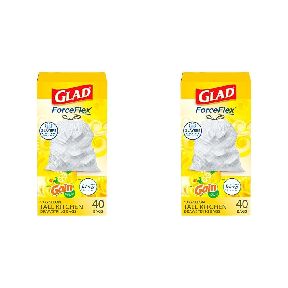 Glad Glad ForceFlex Tall Kitchen Drawstring Trash Bags, 13 Gallon, Gain Lemon Zest, 40 Ct, Pack May Vary (Pack of 2)