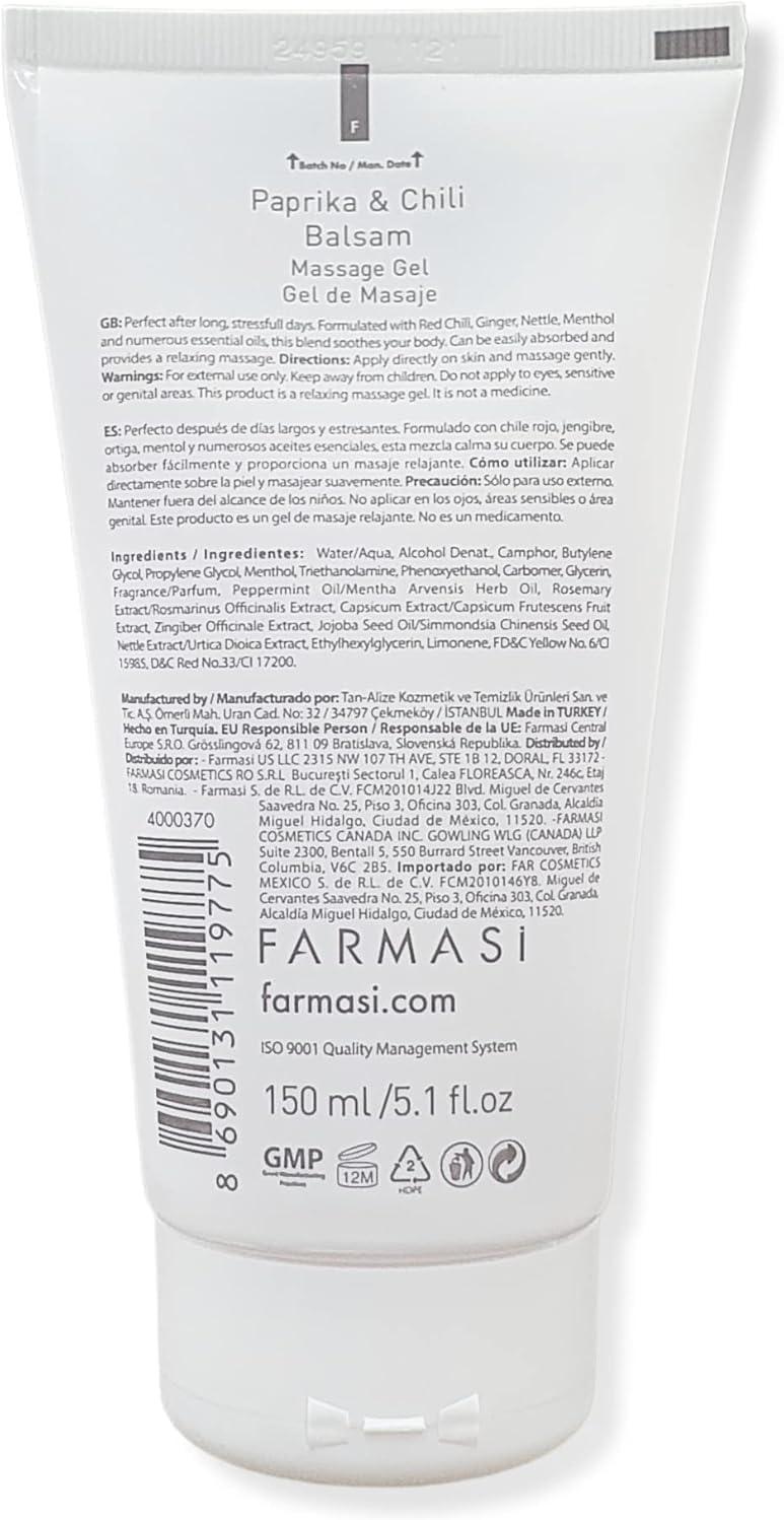 FARMASi FARMASi Paprika & Chili Balsam, Soothing Warming Massage Gel, Helps Ease Muscle Tension and Supports Relaxation & Recovery, Smooth Non-Greasy Body Balm, 5.1 fl oz
