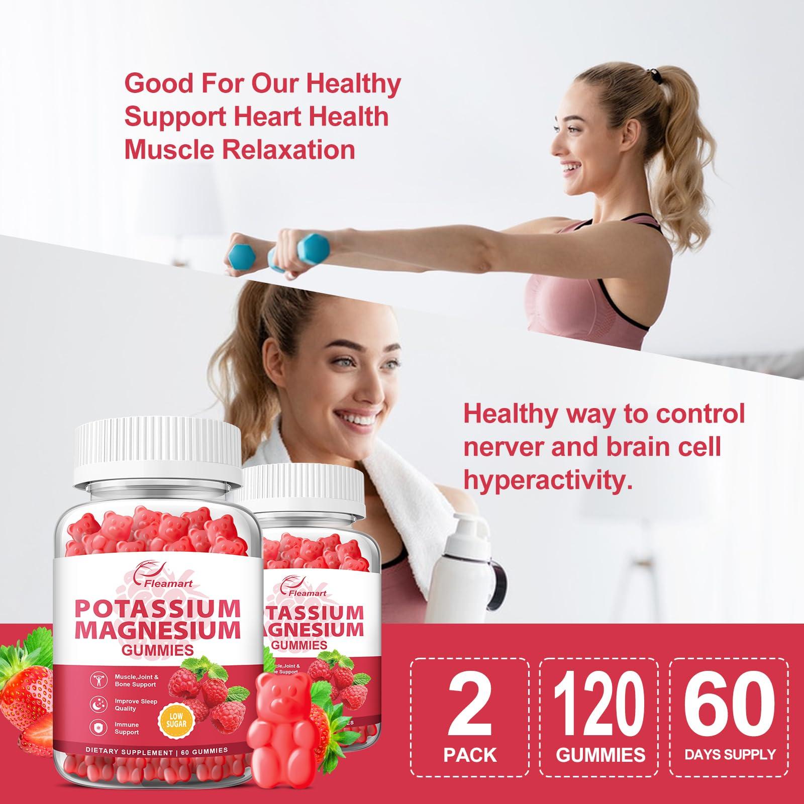 Fleamart Potassium Magnesium Gummies Potassium Citrate 99mg Magnesium Citrate 250mg Magnesium Potassium Complex Supplement, Immune Support, Leg Cramps Muscle Health, 60 Raspberry Gummies 2 Pack