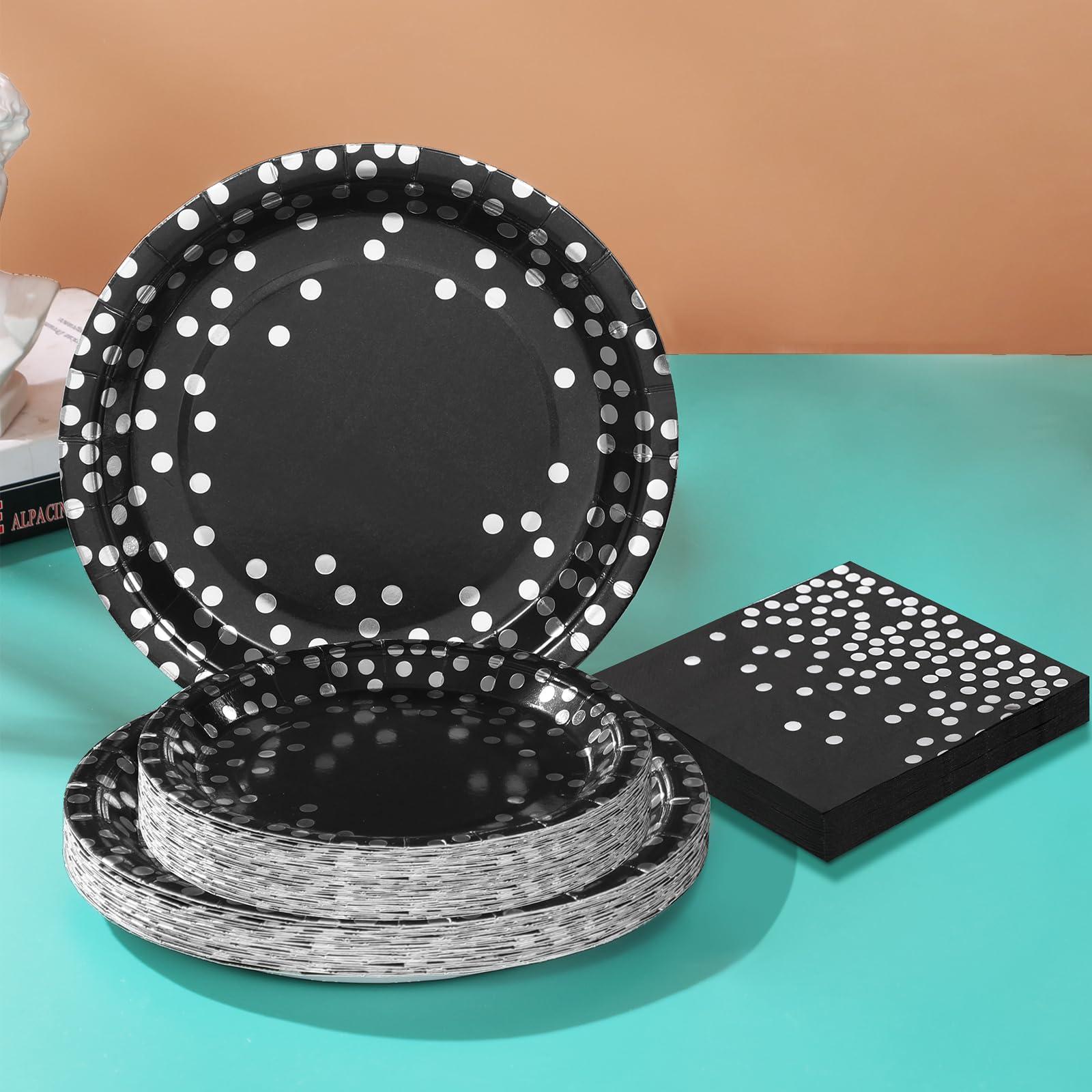 Boocikey 150 PCS Black Plates and Napkins Party Supplies,Black Paper Plates Severs 50,Black and Silver Party Decorations for Birthday Retirement Wedding New Years Decorations