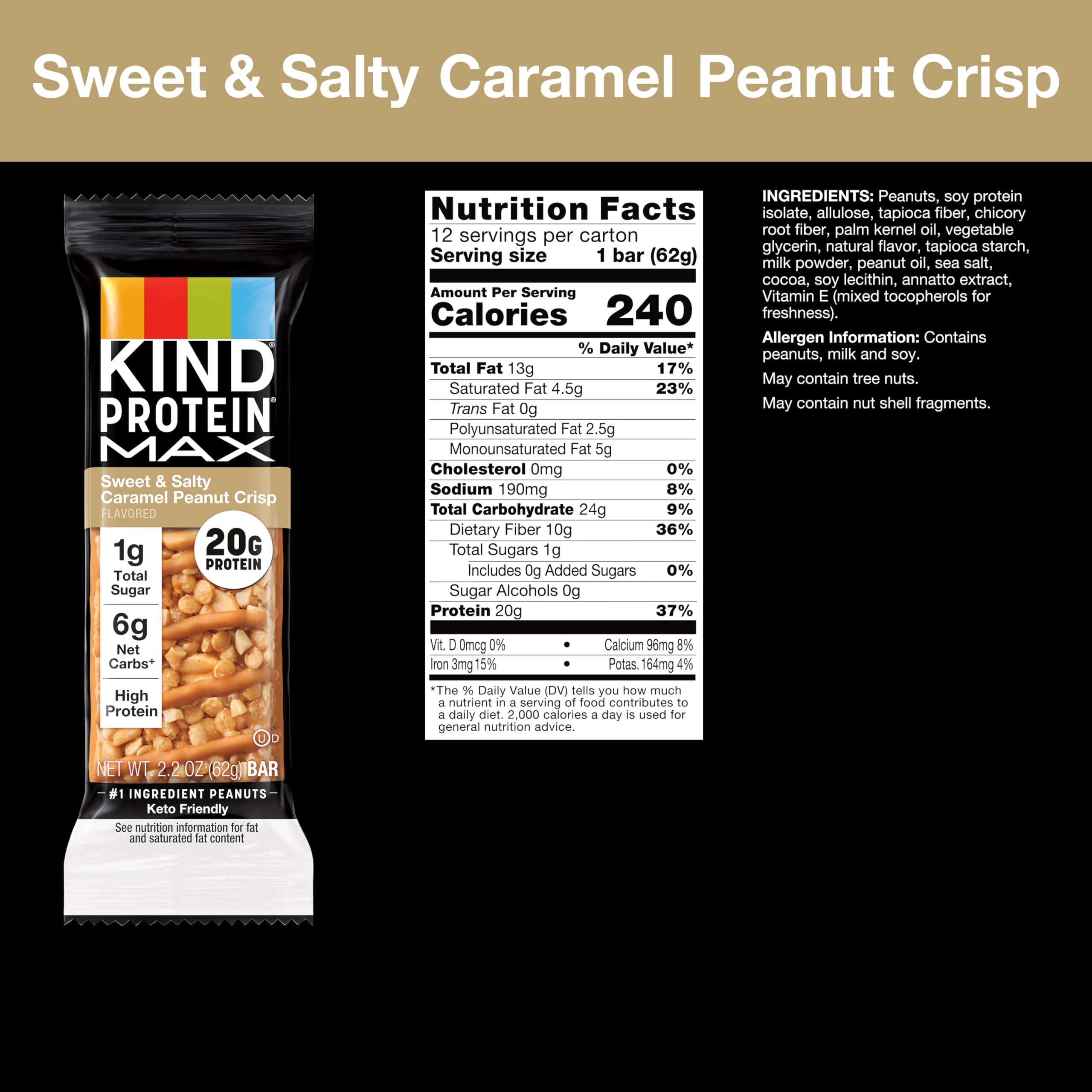 KIND KIND Protein MAX Crispy Chocolate Peanut Butter & Sweet & Salty Caramel Peanut Crisp High Protein Snack Bars, 20g Protein, Keto Friendly, 12 Count Boxes
