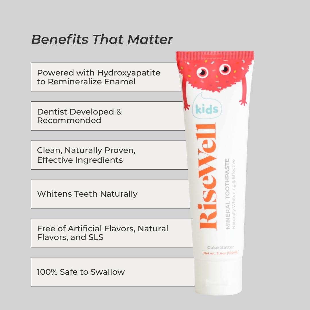 RiseWell RiseWell Kids Mineral Toothpaste - Hydroxyapatite Kids Toothpaste - Safe to Swallow, No Added Fluoride and All Natural - Cake Batter Flavor, 3.4 Oz