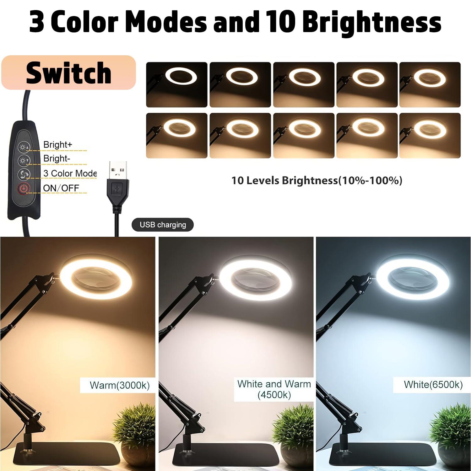 Soobuygoo 15X Magnifying Glass with Light, Table Lamp with Stand and Clamp, 2-in-1 LED Desk Lamp with Magnifier, 3 Color Modes, 72 LEDs, Real Glass Lens for Close Works, Craft, Hobby, Painting, Reading, Repair