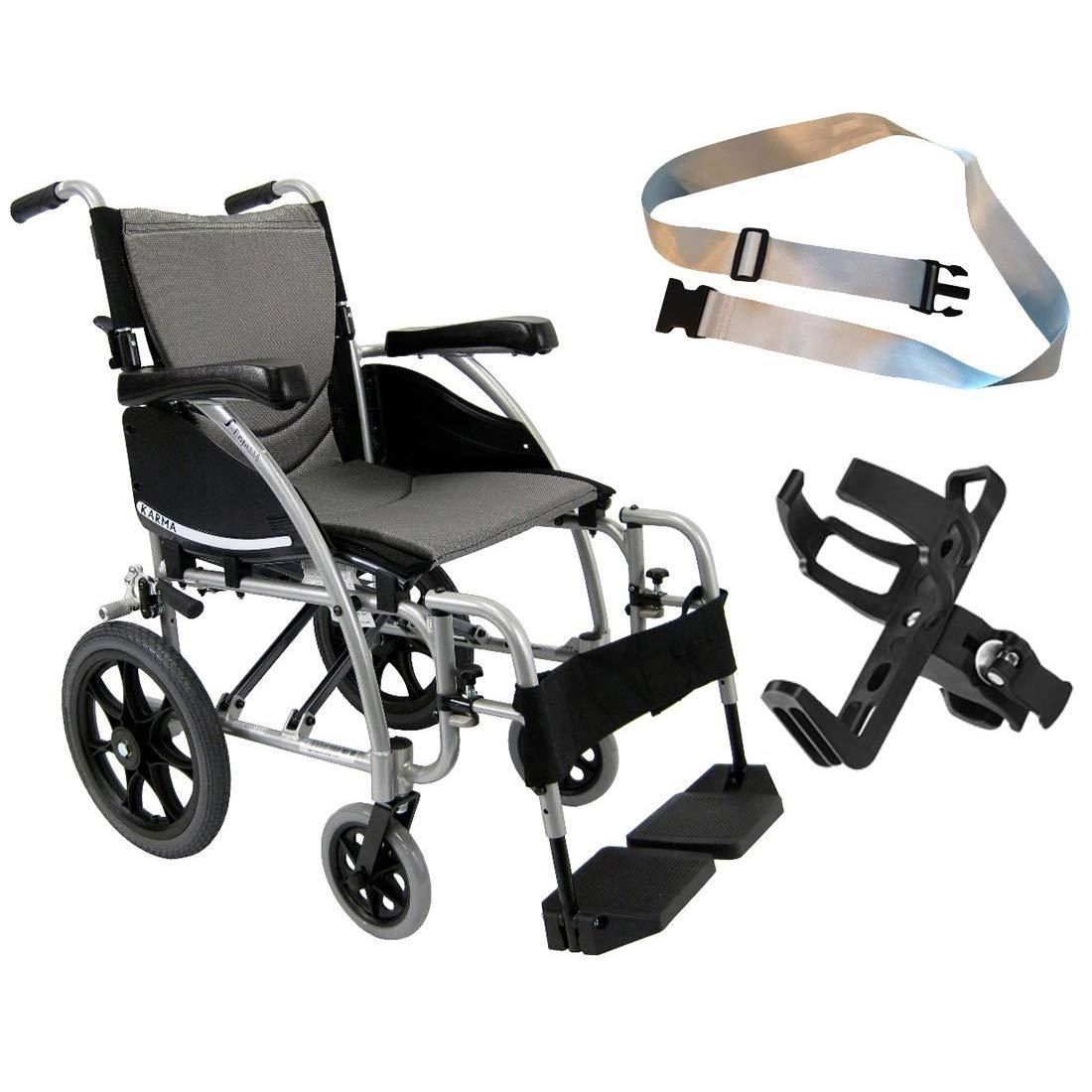 Karman Healthcare Karman S-Ergo 115 18" X 17" seat Ergonomic Transport Wheelchair with Wire Break and Swing Away Footrest in Silver and Free Silver Wheelchair Seatbelt & Black Bottle Holder!