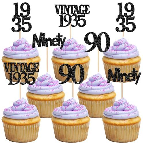 Rsstarxi Rsstarxi 24 Pack 90th Birthday Cupcake Toppers Black Glitter Vintage 1933 Cupcake Picks Ninety Cheers to 90 Years Old Birthday Cupcake Topper for Happy 90th Birthday Anniversary Party Cake Decorations