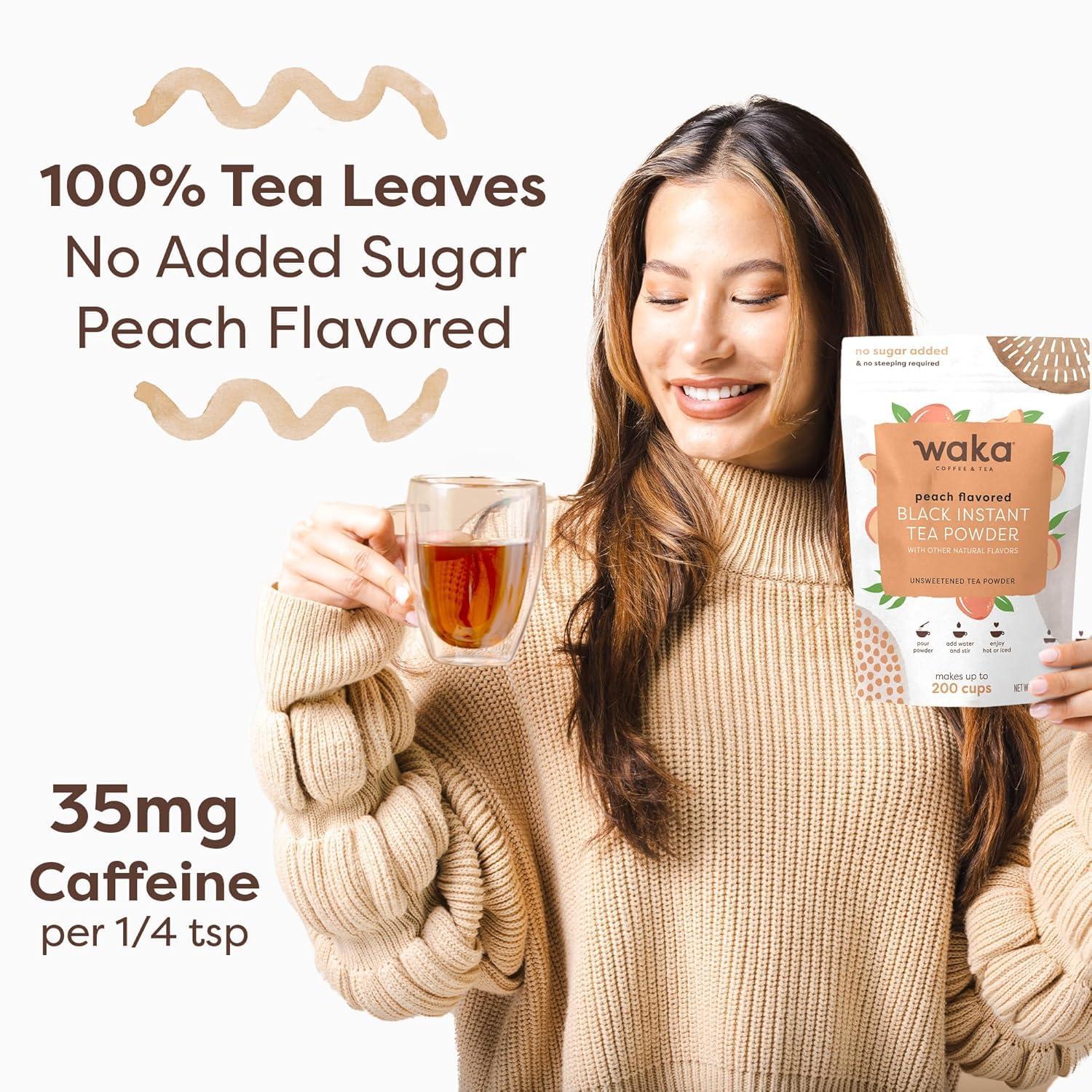 Waka Coffee Waka Instant Black Tea Mix, Peach Flavored - 100% Tea Leaves, No Additives, Unsweetened Tea Powder for 50 Quarts or 200 Cups Easy and Quick Hot or Iced Teas (4.5oz)
