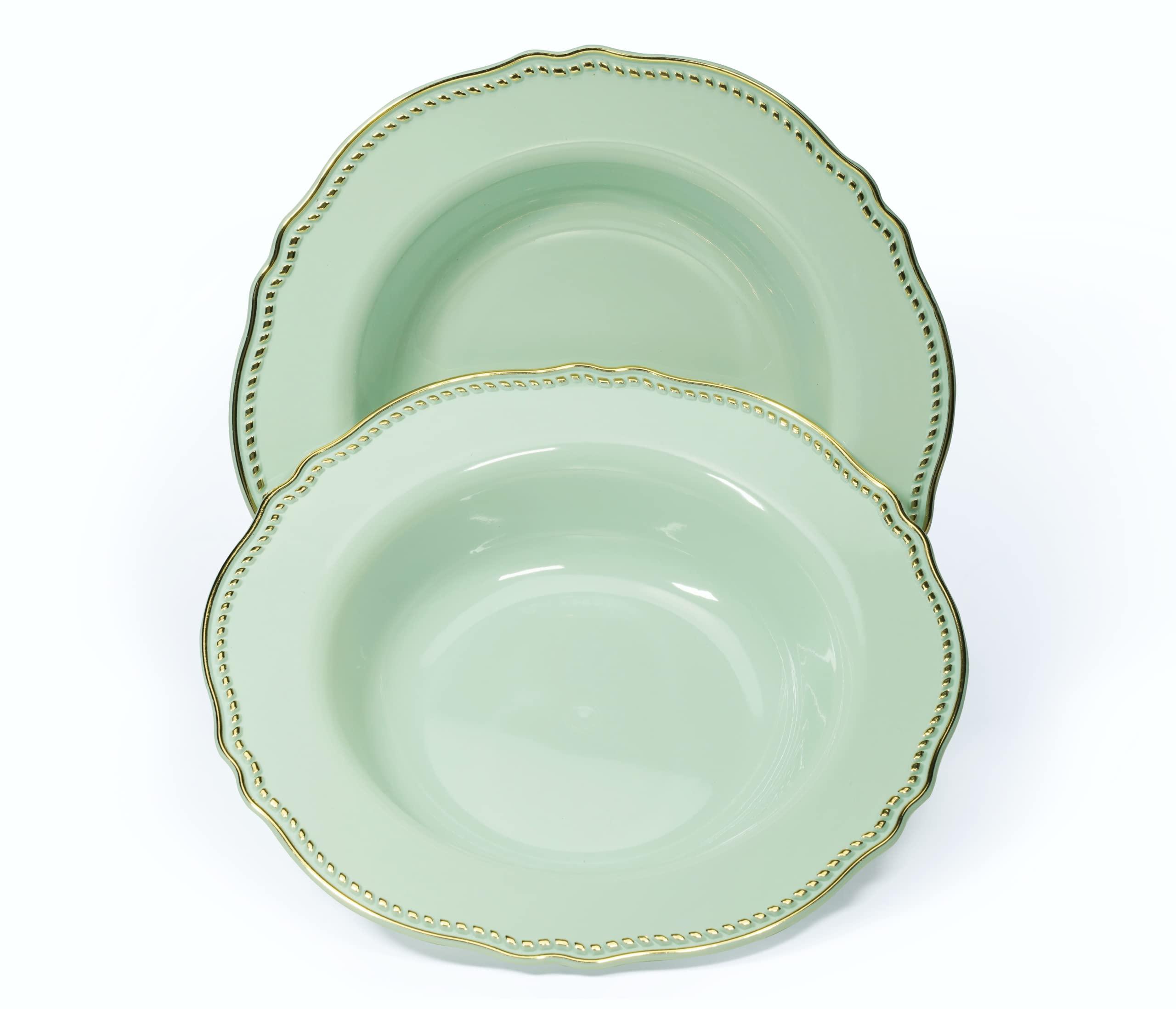 OCCASIONS FINEST PLASTIC TABLEWARE \" OCCASIONS \" 20 Plates Pack, Heavyweight Disposable Wedding Party Plastic Bowls (10 oz Soup/Dessert Bowl, Rochelle Seafoam/Mint & Gold)