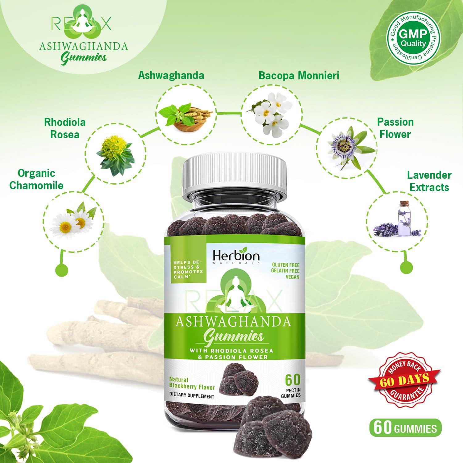 Herbion Naturals Herbion Naturals Ashwagandha Gummies with Herbal Blend, Helps De-Stress & Promote Calm*, Natural BlackBerry Flavor, Gluten-Free, 60 Pectin Gummies, Vegan, Made in USA, Pack of 4