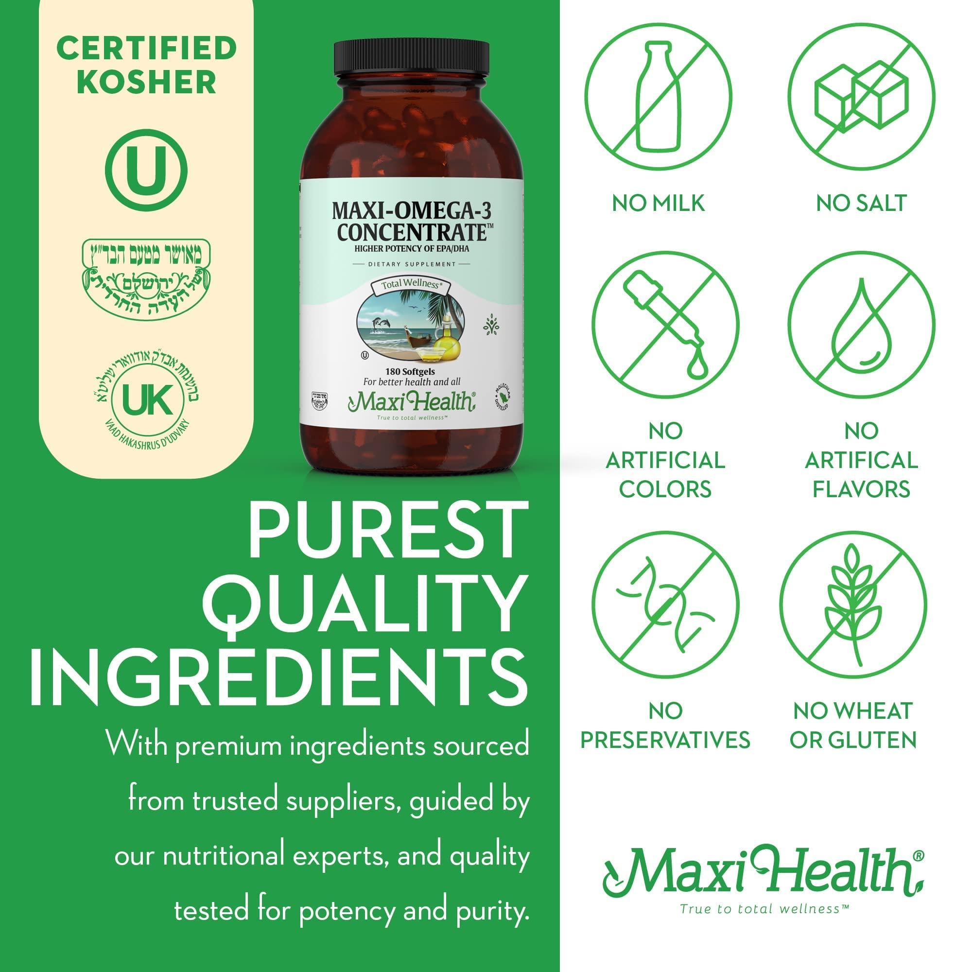 Maxi Health Omega 3 Supplement - Omega-3 Fish Oil Concentrate - Higher Potency Source of EPA/DHA Fatty Acids - Heart, Brain & Joint Health - Kosher Certified Wild Caught Marine Fish - 180 Vegetarian Softgels