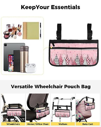 Sabolny Blush Pink,Wheelchair Side Bag, Wheelchair Walker Armrest Bags with Cup Holder & Reflective Stripes, Mobility Scooter Walker Rollator Wheelchair Accessories Christmas Pine Tree Lattice Dots