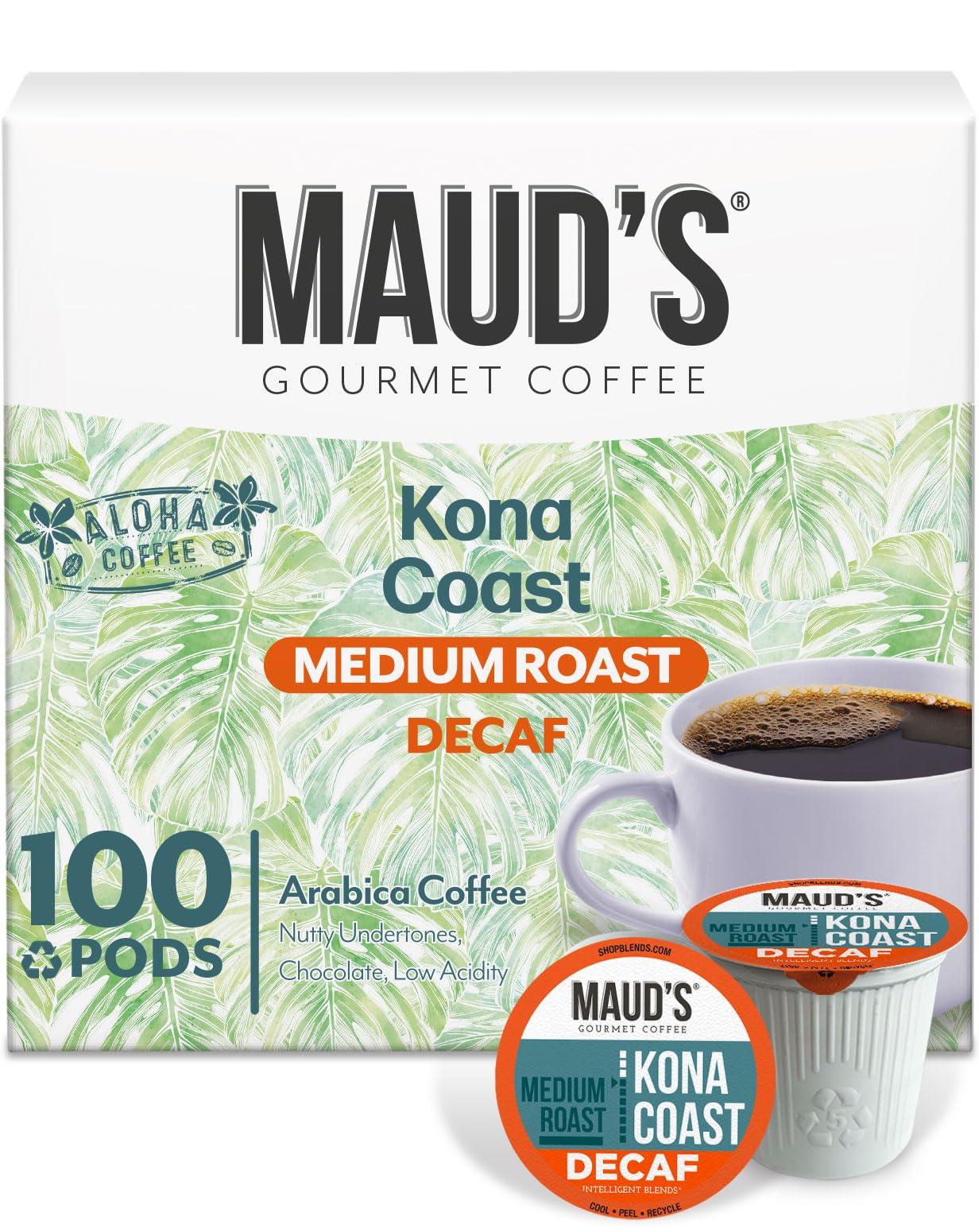 MAUD\'S Maud\'s Decaf Kona Coffee Pods, 100 ct | Decaffeinated Kona Coast Blend | 100% Arabica Medium Roast Coffee | Solar Energy Produced Recyclable Pods Compatible with Keurig K Cups Maker