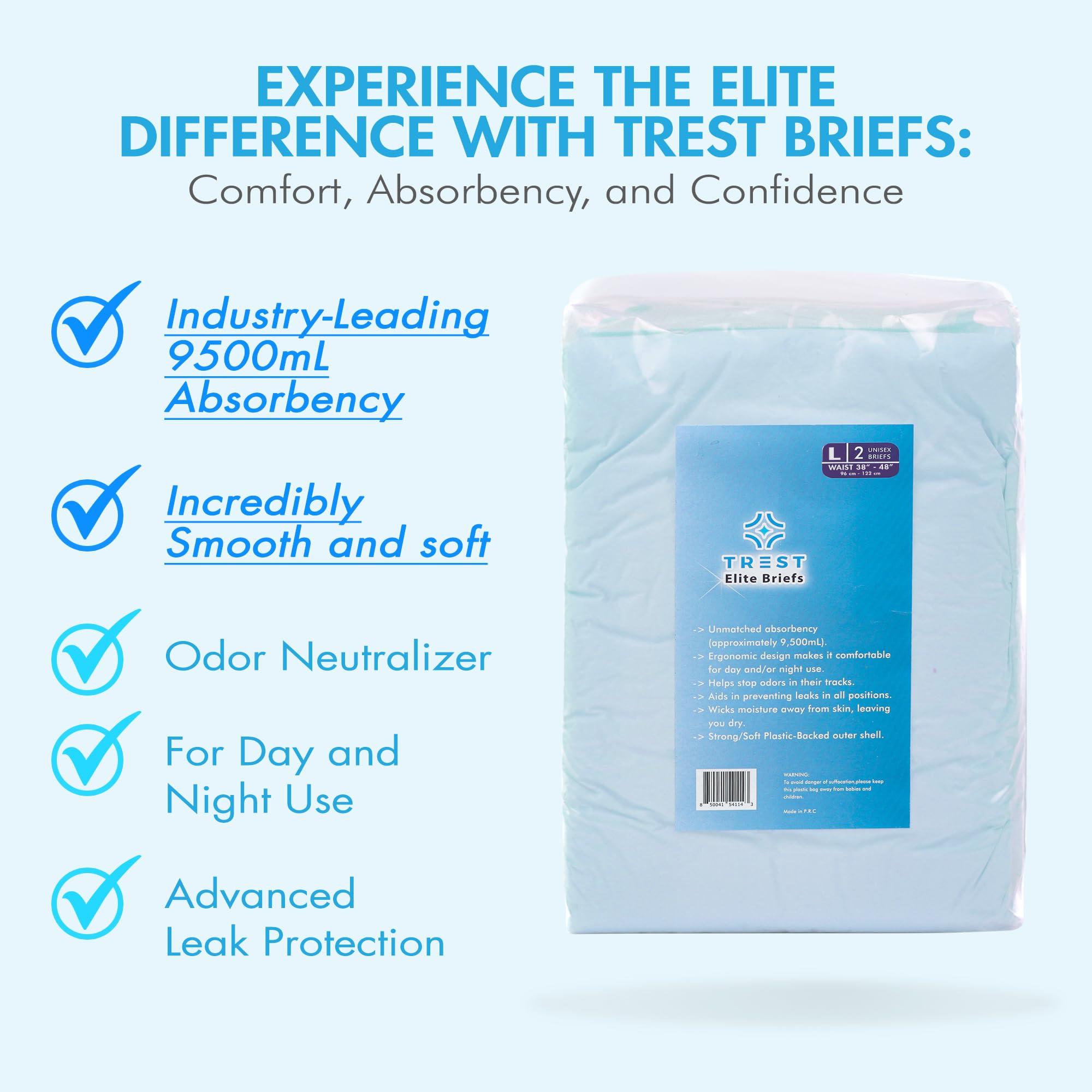 Trest TREST Elite Briefs for Men and Women, Overnight Diapers for Incontinence, Elite Absorbency, Comfortable, Odor Neutralizing and Secure Fit with 2 Wide Tabs - Blue, Large (Pack of 2)